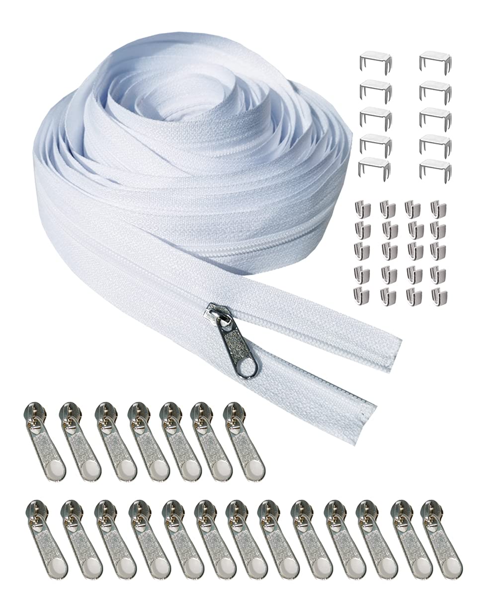 JOSDIOX 3 White Zipper by The Yard 10 Yard Long in Continuous Nylon Coil  with 20pcs Zipper Sliders Zipper Pull and 30pcs Zippers Stops for  Upholstery Sewing