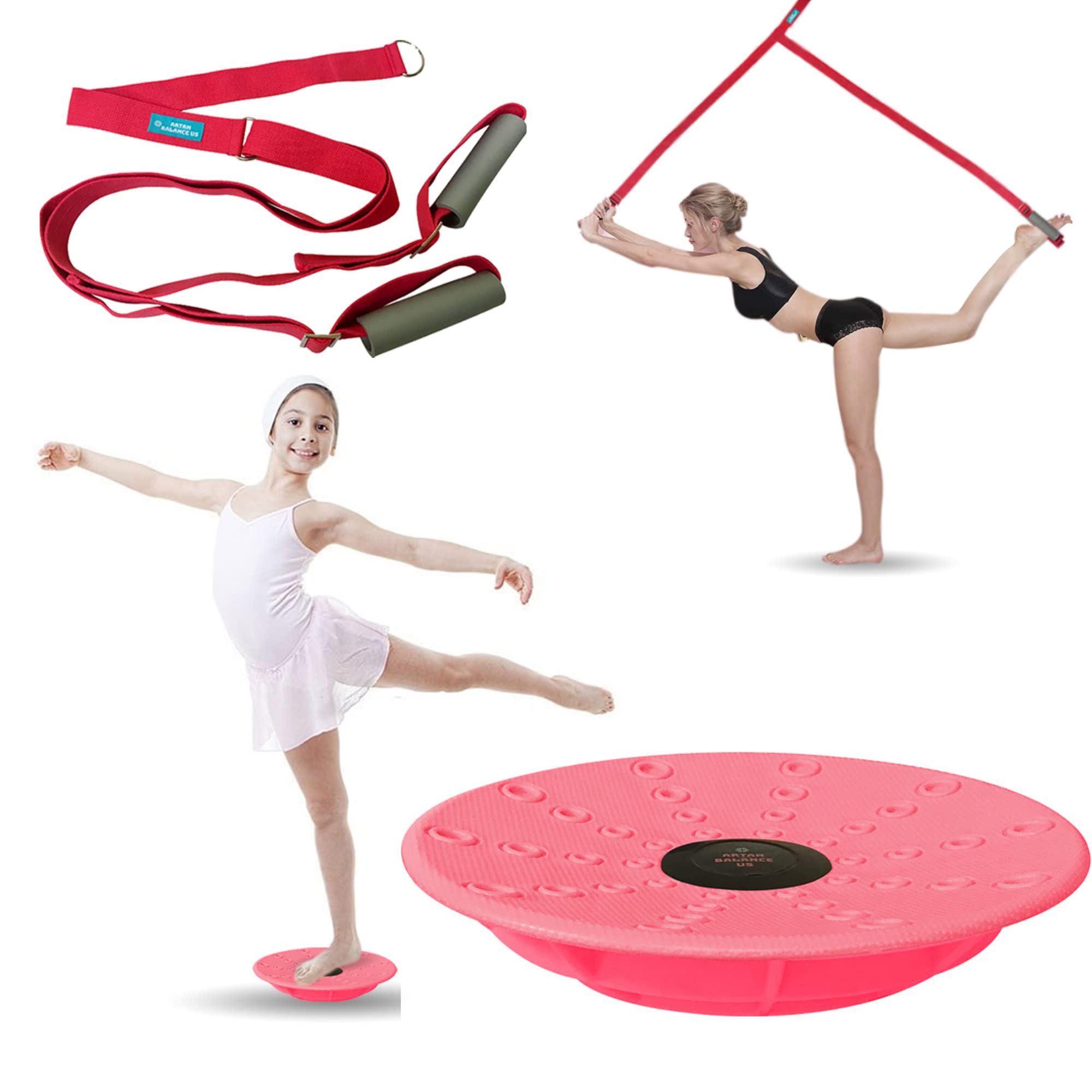Leg Stretching Strap and Ballet Balance Board, 2 Pc. Set, Stretching, Disc  Core Trainer and Flexibility Equipment for Dance, Gymnastics, Cheer or  Figure Skating, Portable