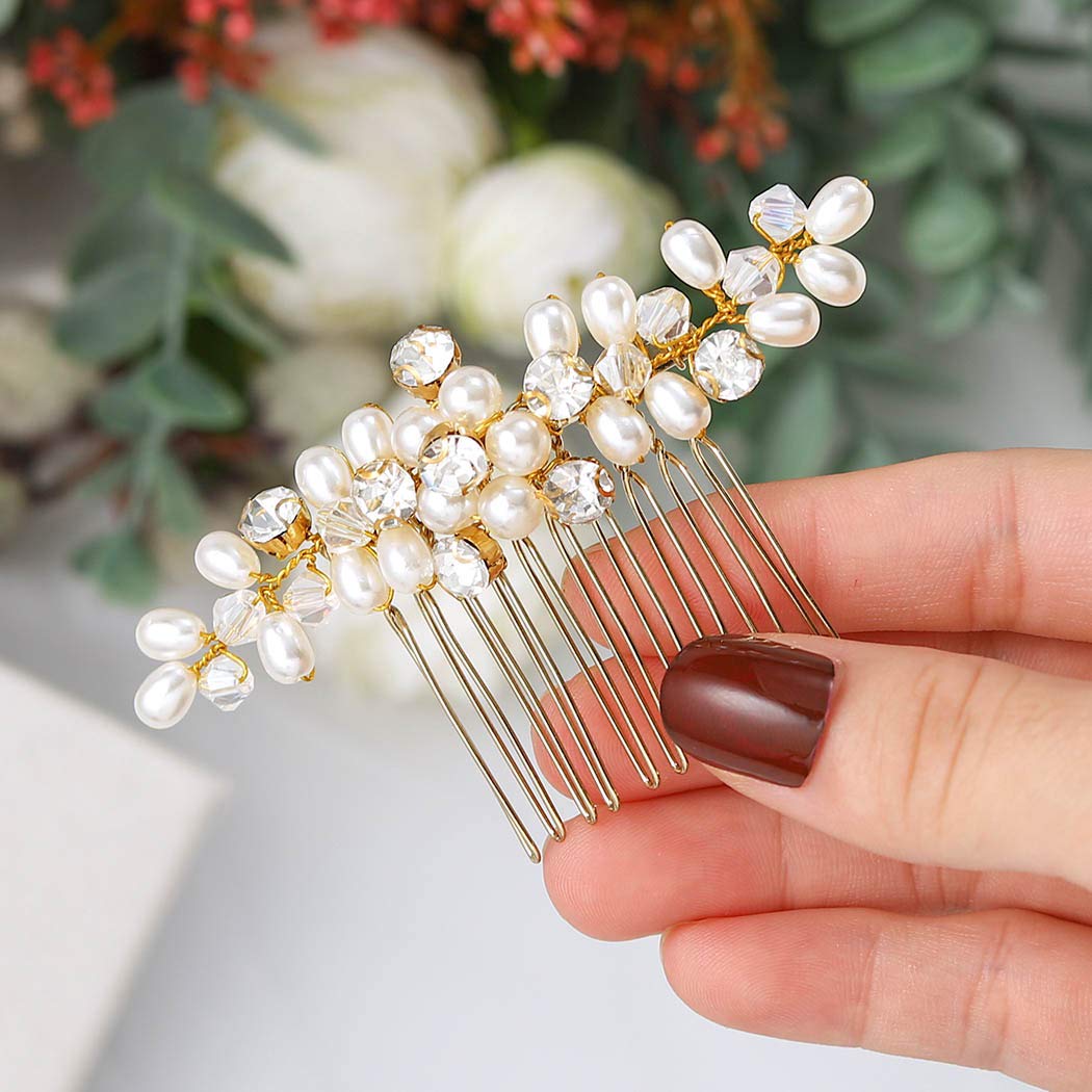 Heread Pearl Bride Wedding Hair Comb Gold Crystal Bridal Hair