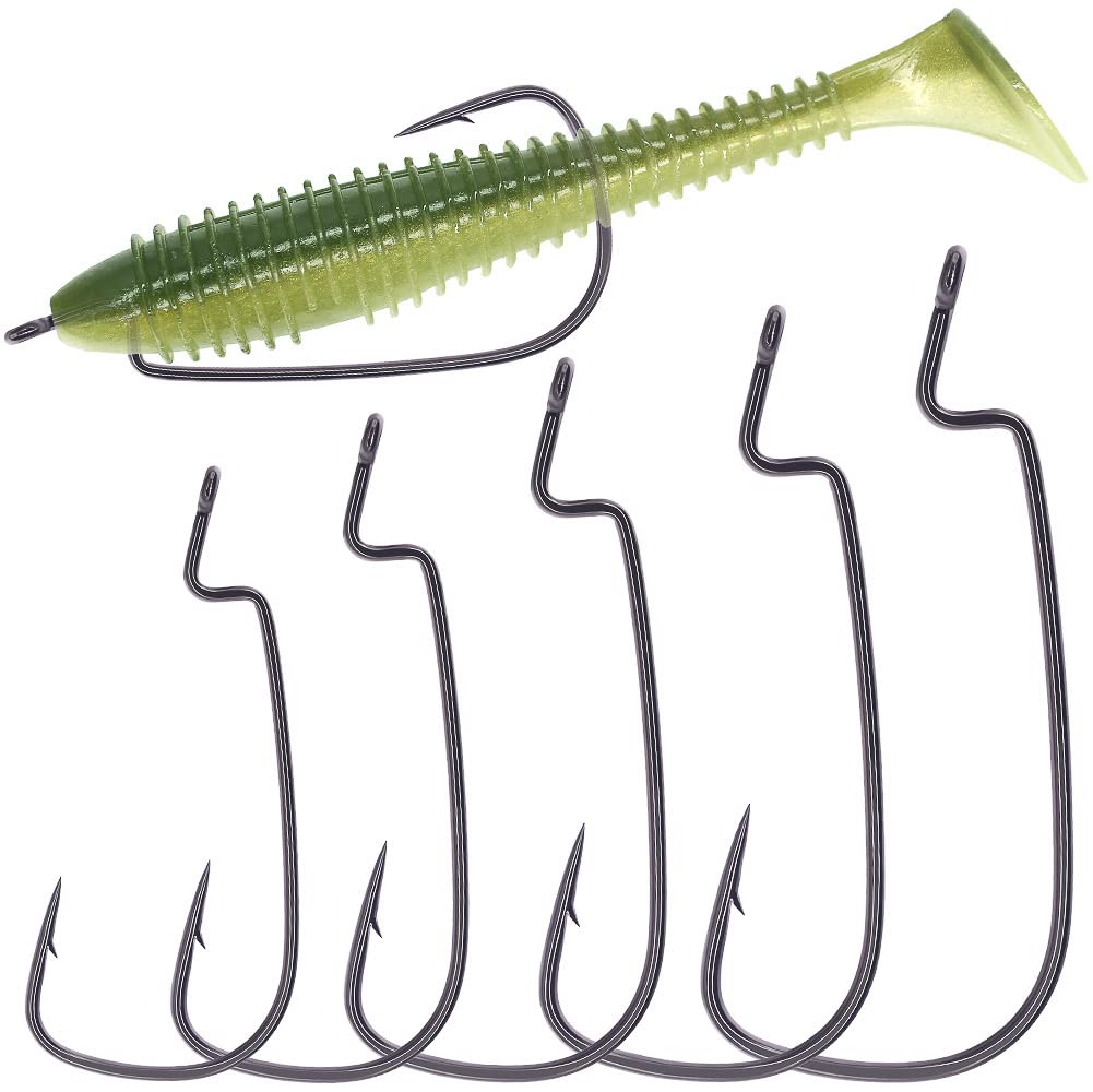  Offset-Worm-Hooks-for-Bass-Fishing-Rubber-Worms-Ewg -Wide-Gap-Bass-Hooks Freshwater Texas Rig Soft Plastics Worms Bait Fishing  Hook Black Red Colored 1/0 2/0 3/0 4/0