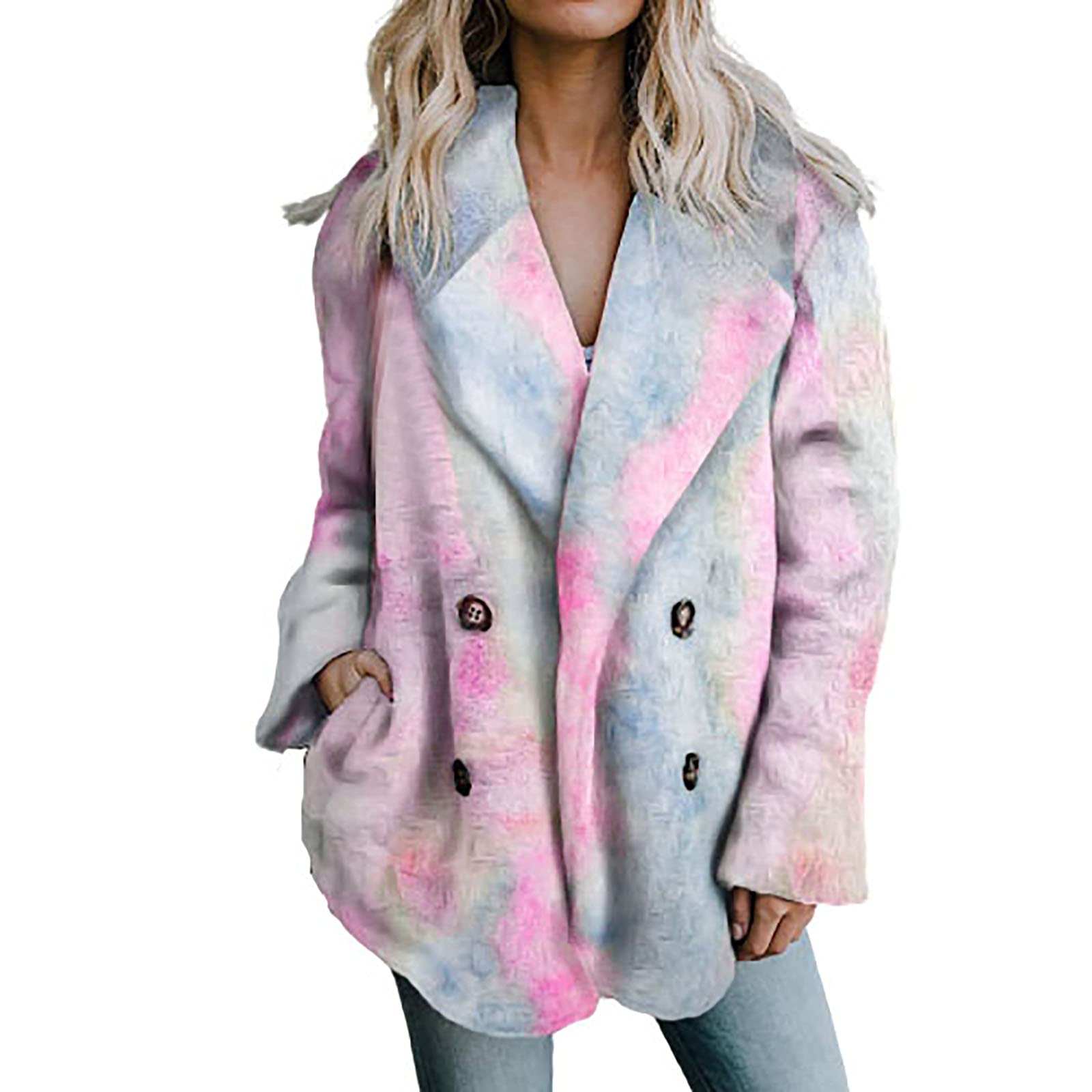 Winter Coats for Women, Winter Warm Fleece Coat with Pockets Fashion Tie  Dye Lapel Sweatshirt Buttons Plush Jacket X-Large 01 # Pink