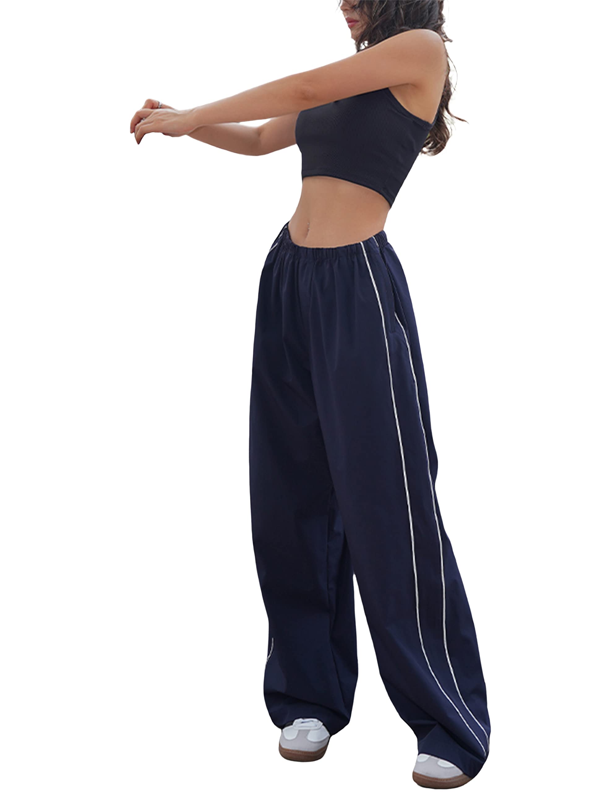 womens small navy blue track pants side stripe straight leg elastic waist