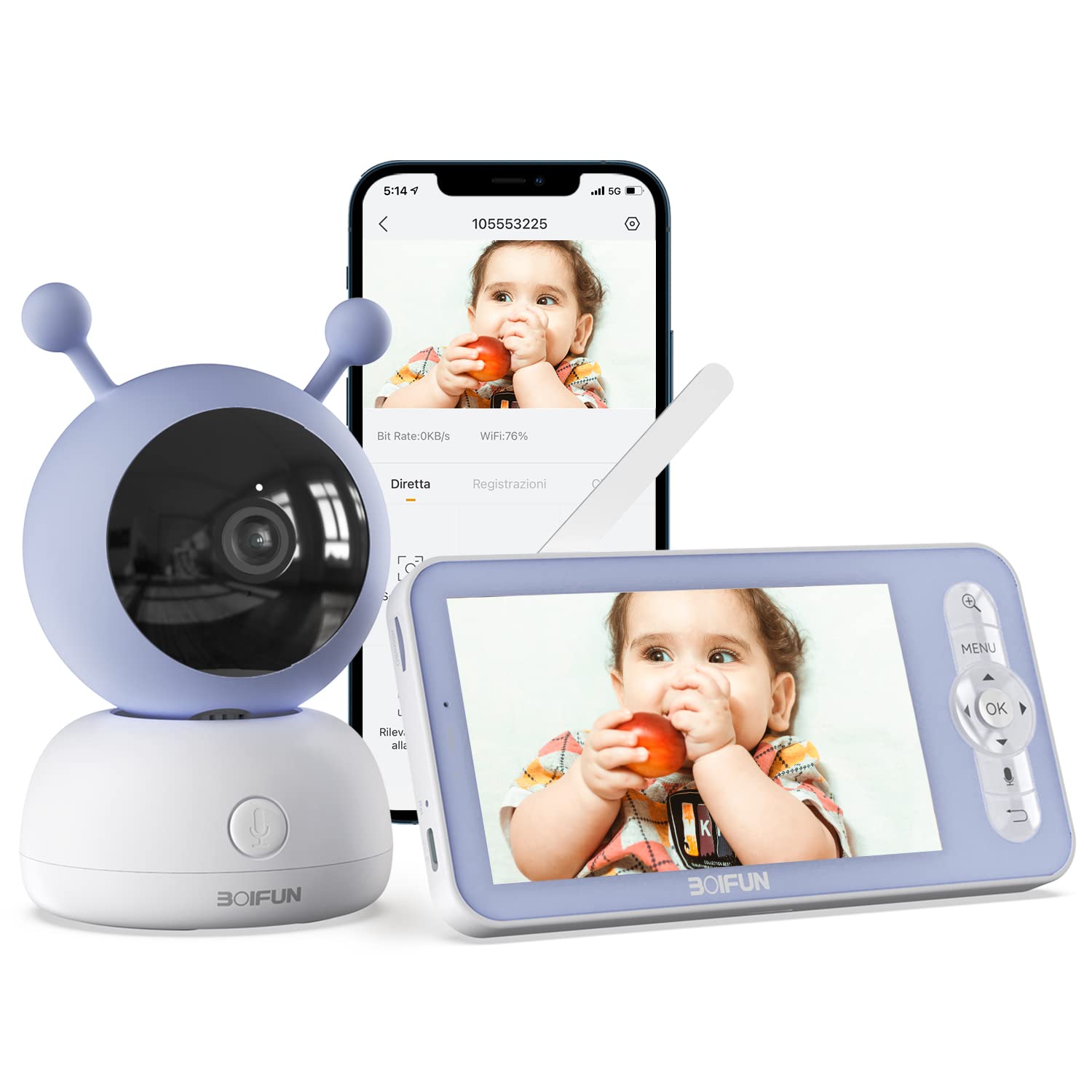 Baby Camera Monitor,5 Video Baby Monitor with 1080P Camera,2-Way  Talk,Sound Detect and Motion Monitoring,Night Vision,Temperature and  Humidity Monitoring,PTZ Wireless Baby Monitor with APP Control White