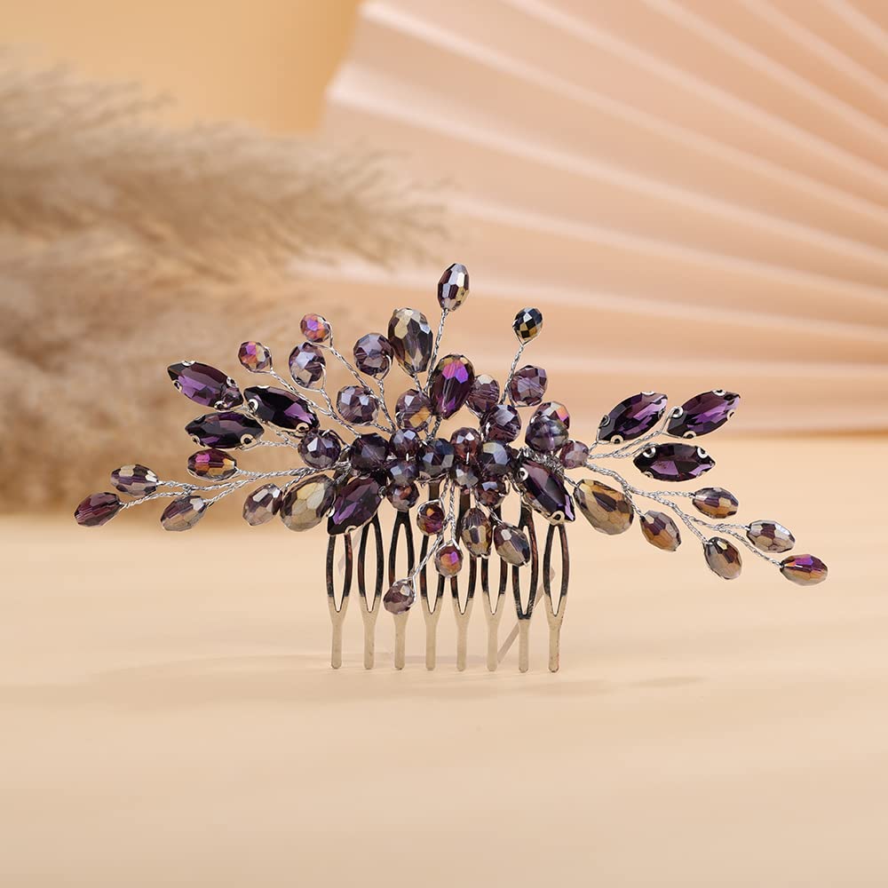 Teyglen Rhinestone Wedding Headpieces Bridal Purple Crystal Hair