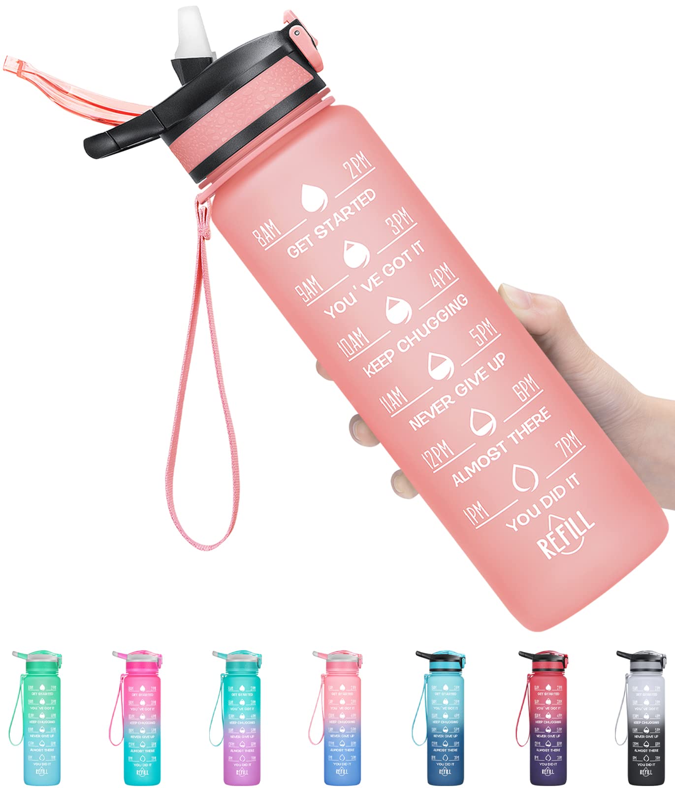 32 oz Motivational Water Bottle with Time Marker & Straw - BPA