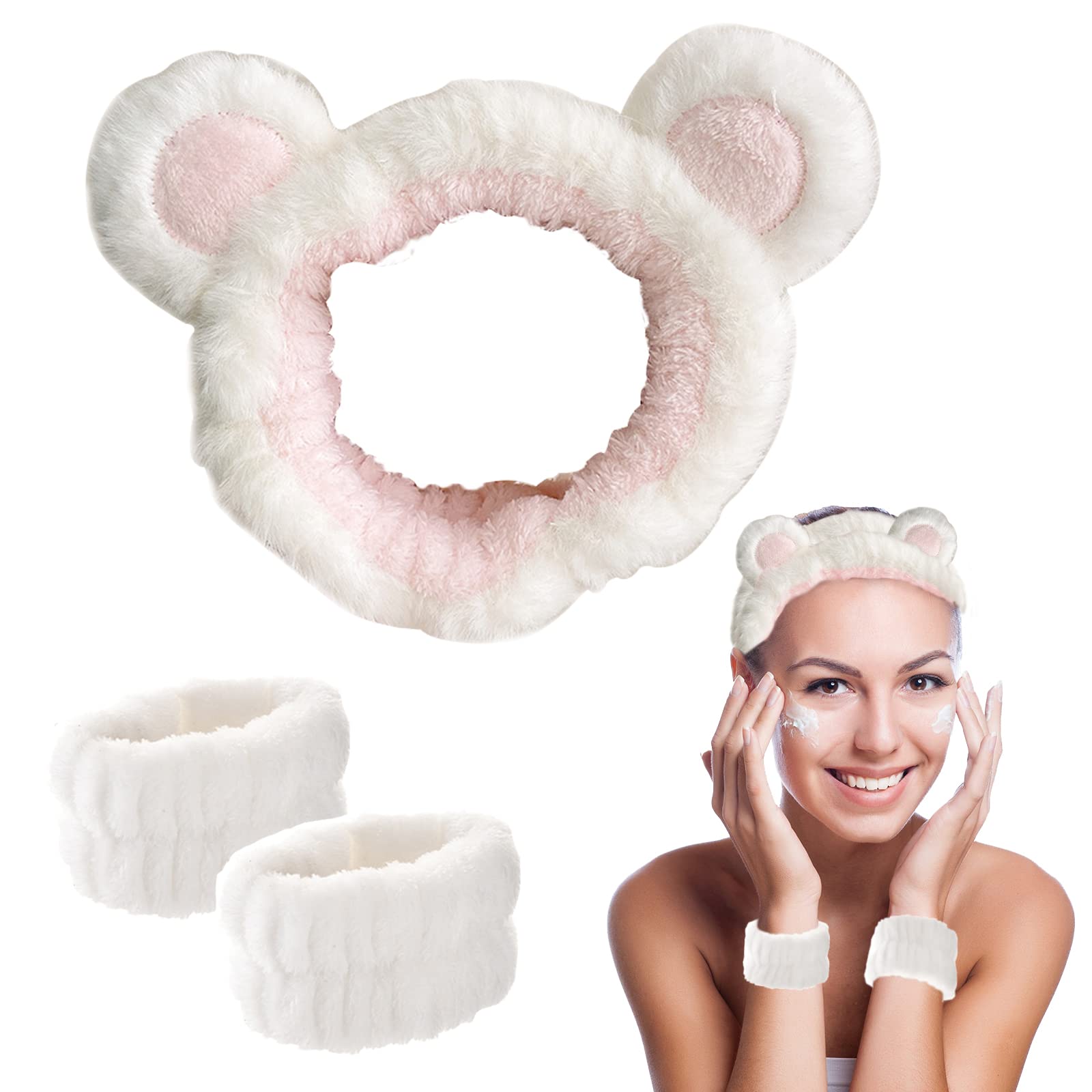 Spa headband for washing face and matching wrist strap, fuzzy skin