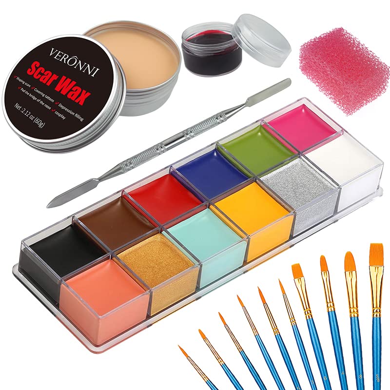 Halloween SFX Makeup Kit - Professional Face Body Paint Special Effects  Makeup kit with 12 Colors Face Body Paint Palette, Scar Wax with Spatula  Tool