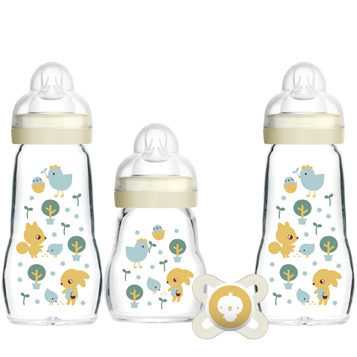 MAM Glass Baby Bottles and Soother Starter Set Anti-Colic Bottles for  Newborn Babies Includes 3x Glass Baby Bottles and 1x 0-2 Months Soother  Multi-colored Starter Set