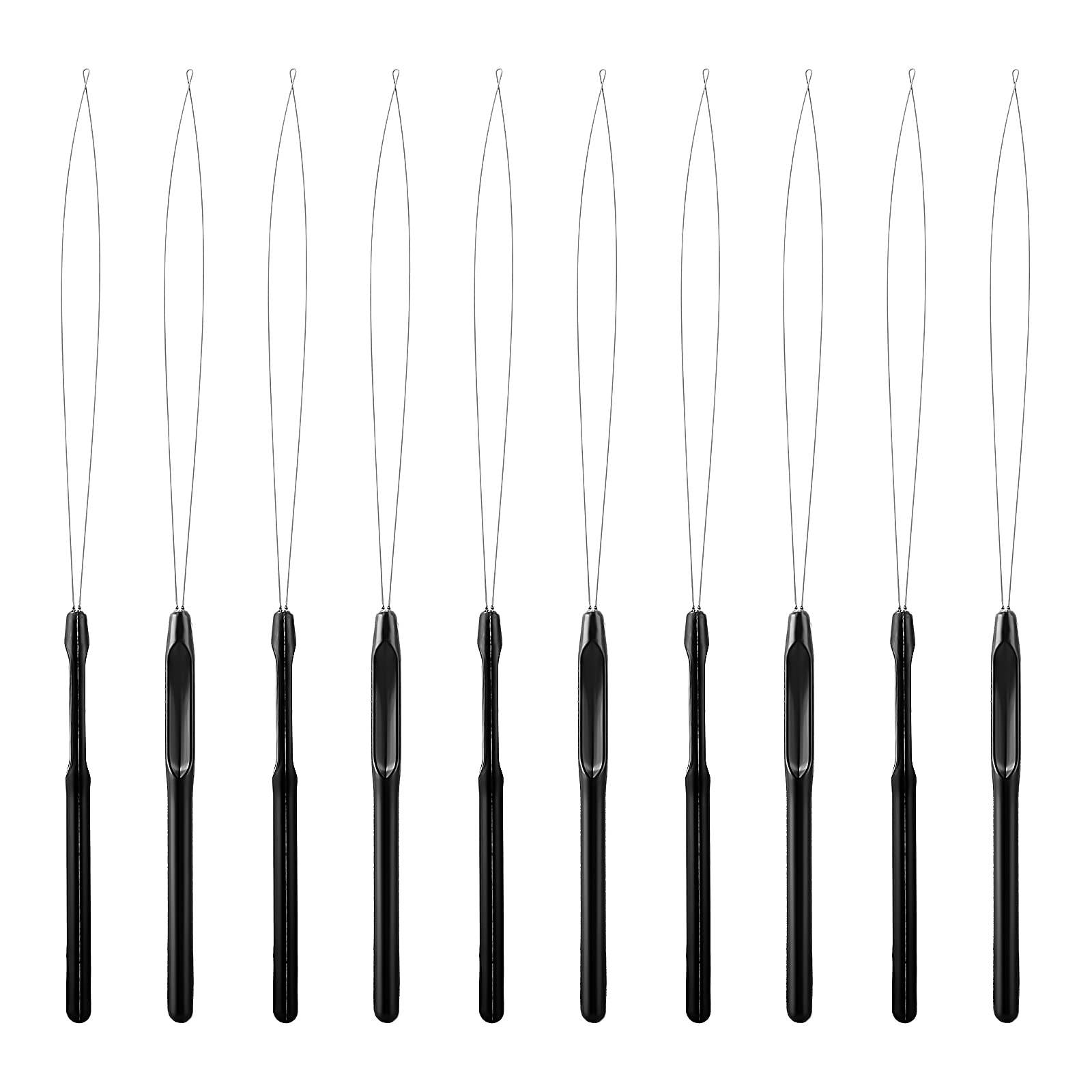 10 Pieces Hair Extension Loop Needle Threader Pulling Hook Tool and Bead  Device Tool Black Loop Threader for Hair or Feather Extensions (Black)
