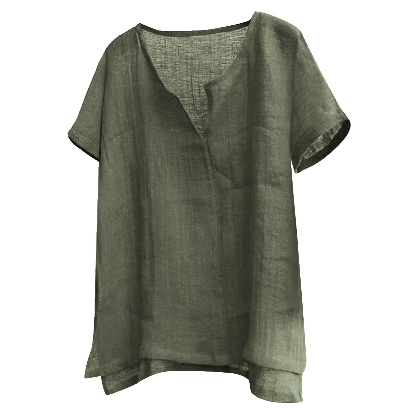 Womens Casual Breathable 3/4 Sleeve Cotton Linen Tops Loose Fit V Neck  Summer Blouse Plus Size Beach Yoga Oversized T-Shirt E-army Green 3X-Large