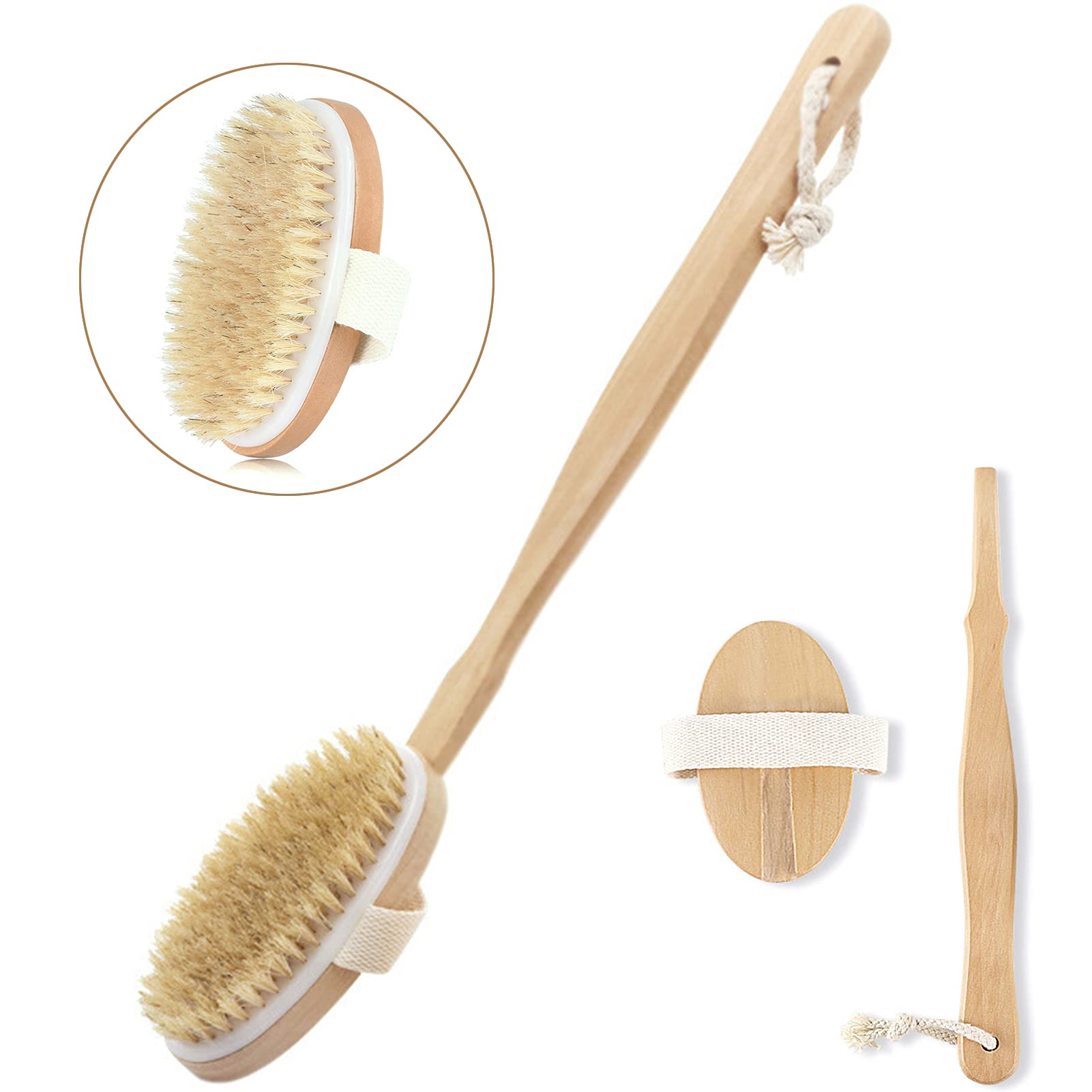 Bath Body Brush Long Handle Wooden Shower Brush with Natural Bristles