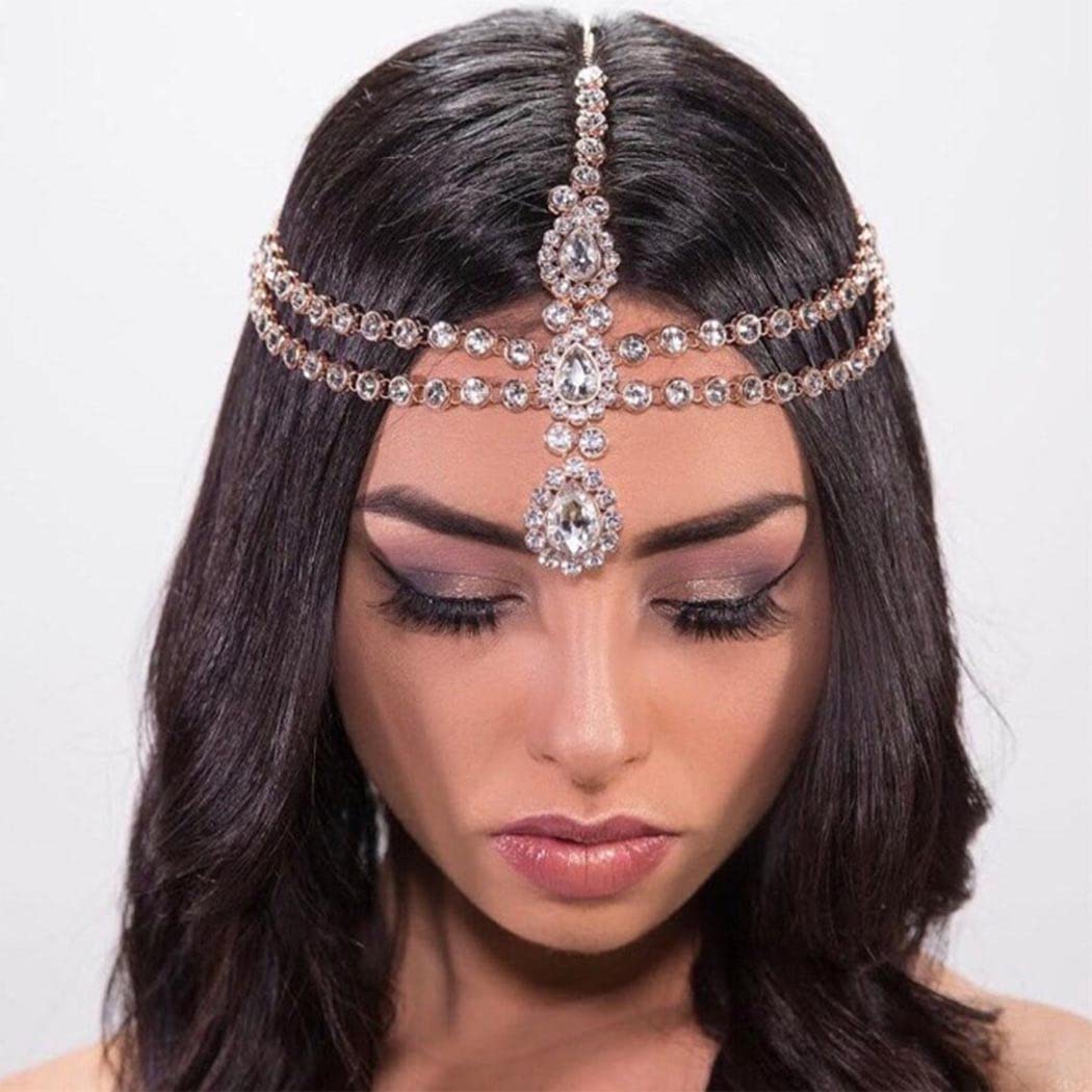 Aularso Layerd Head Jewelry Wedding Rhinestone Hair Chain Party Face Chain  Costume Crystal Headband for Women and Girls (Gold)