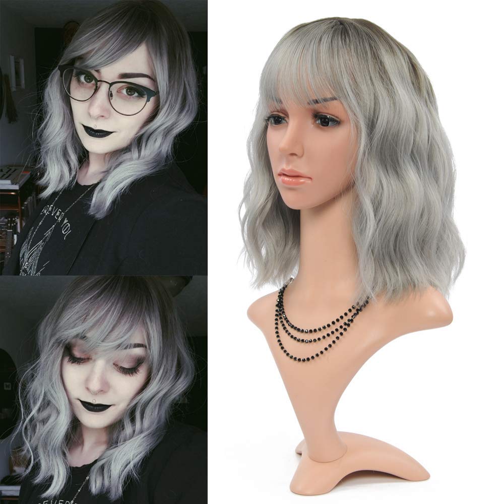 FAELBATY Ombre grey Wig Short Bob Wigs With Air Bangs Women s