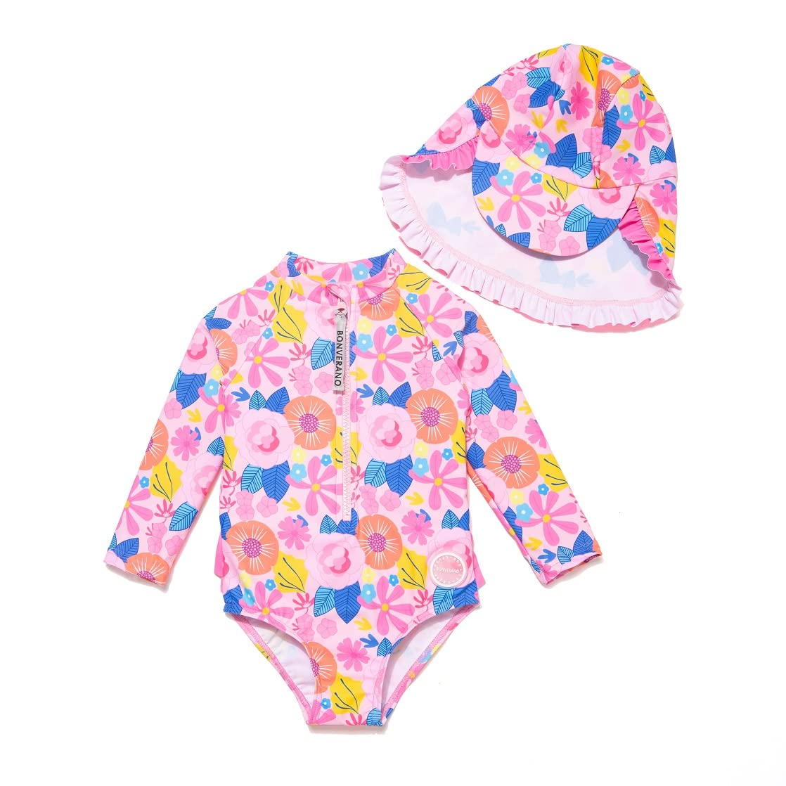 BONVERANO Baby Girls Swimsuit Toddler Bathing Suit Long-Sleeve Zipper One  Piece Swimwear with UPF 50