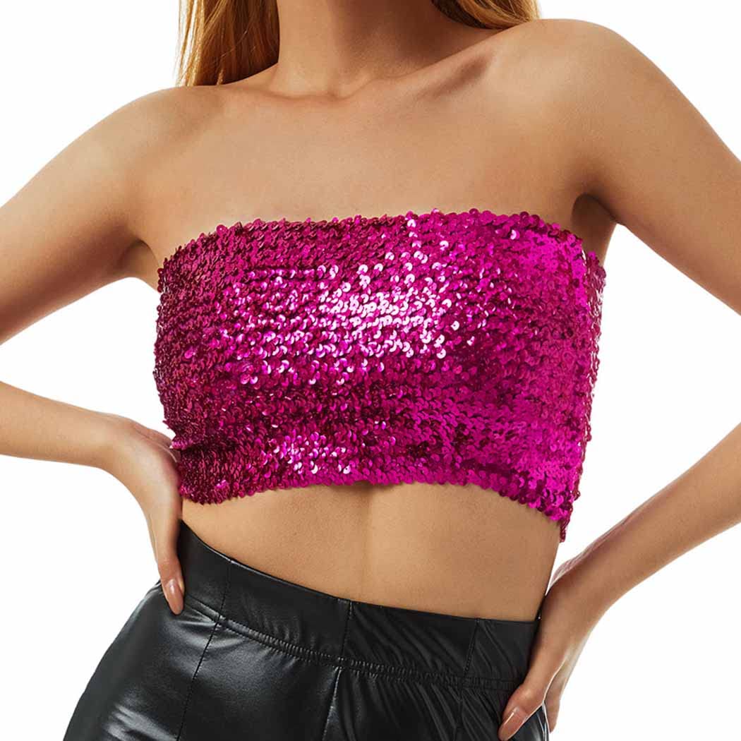 Kakaco Sequins Tube Top Stretch Bandeau Strapless Sequin Crop Top Party  Club Wear Bra Top for Women and Girls