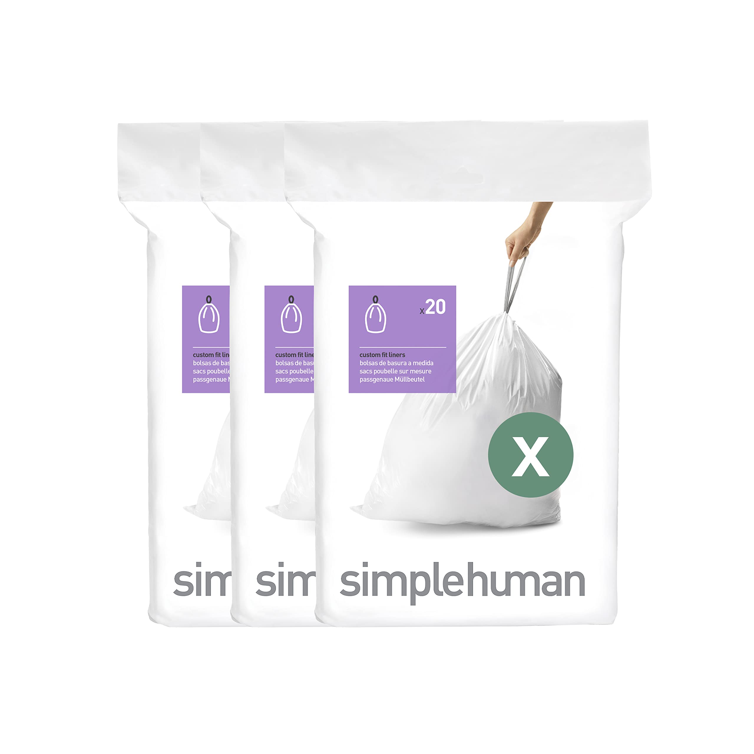 Simplehuman Code X Custom Fit Drawstring Trash Bags, 80 Liter / 21.1  Gallon, White, 60 Liners