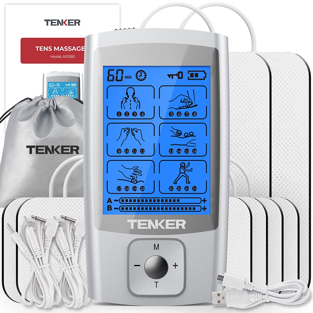 TENKER EMS TENS Unit Muscle Stimulator, 24 Modes Dual Channel Electronic  Pulse Massager for Pain Relief/Management & Muscle Strength Rechargeable  TENS Machine with 8 Pcs Electrode Pads