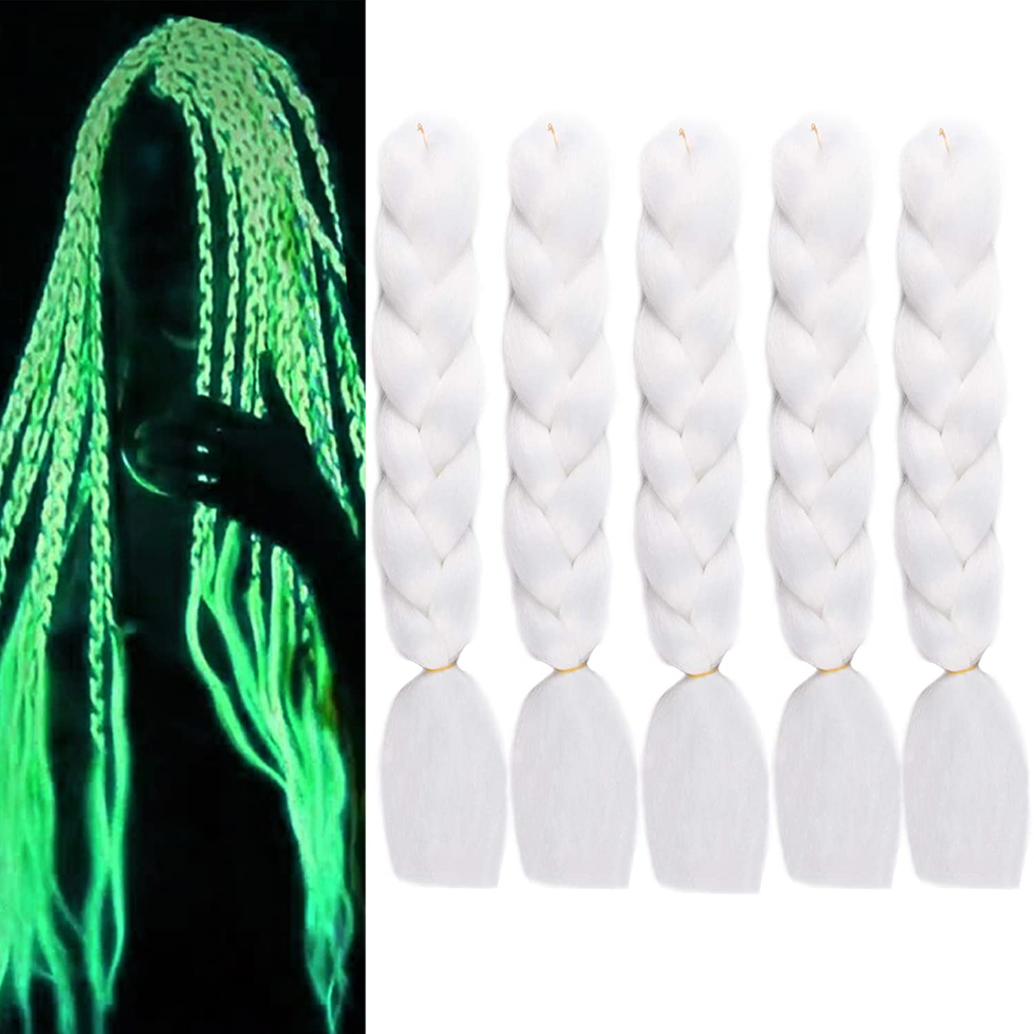 24 Inches 100g Glowing Synthetic Jumbo Braids Fluorescent Green Shinning  Hair In The Darkness Crochet Braiding Hair Extensions