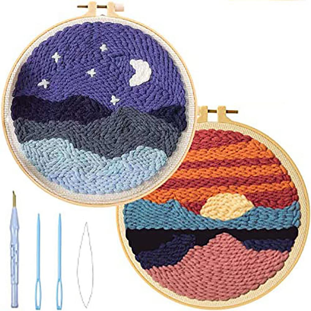 FISHEVO 2 Pcs Punch Needle Embroidery Starter Kits DIY Punch