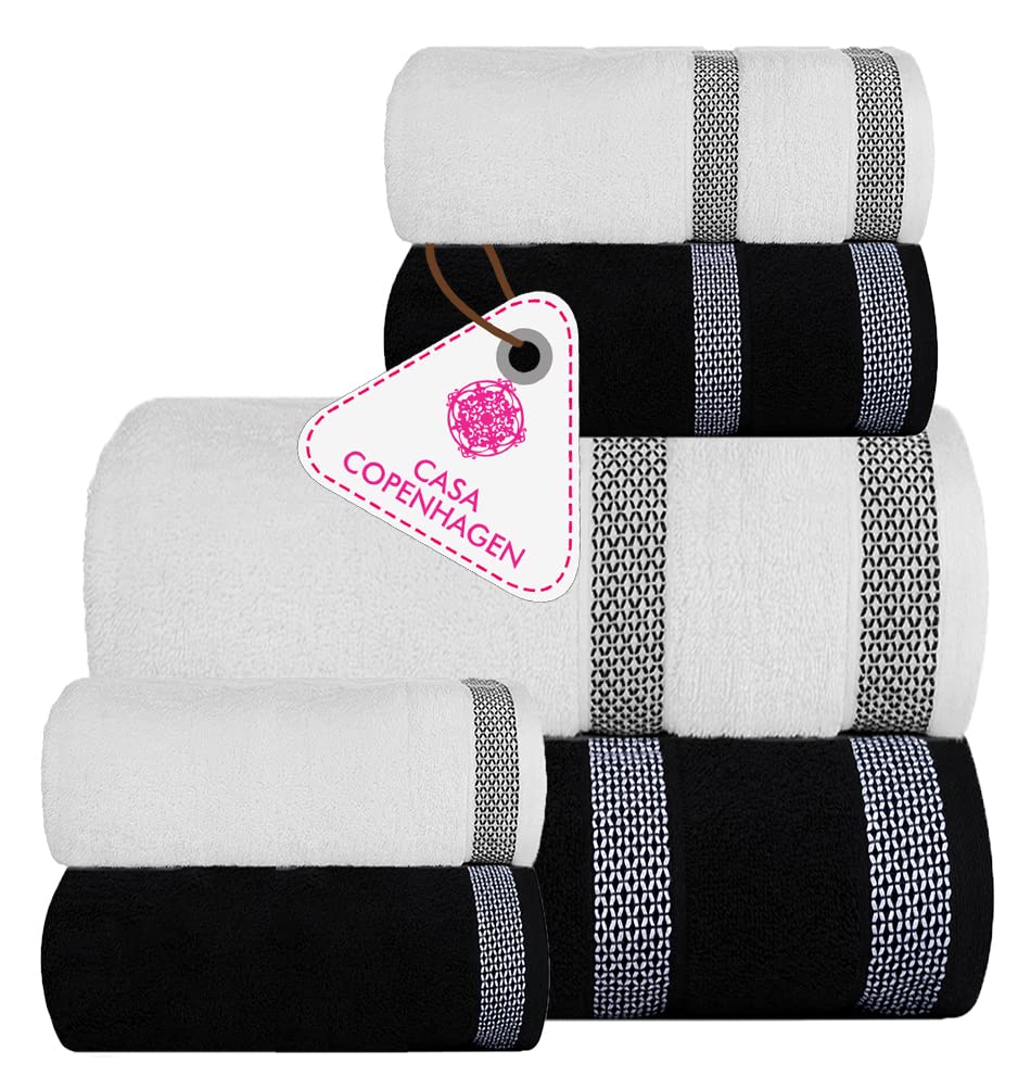 CASA COPENHAGEN Solitaire Designed in Denmark 600 GSM 2 Large Bath Towels 2  Large Hand Towels 2 Washcloths Super Soft Egyptian Cotton 6 Towels Set for  Bathroom Kitchen & Shower - Black + White