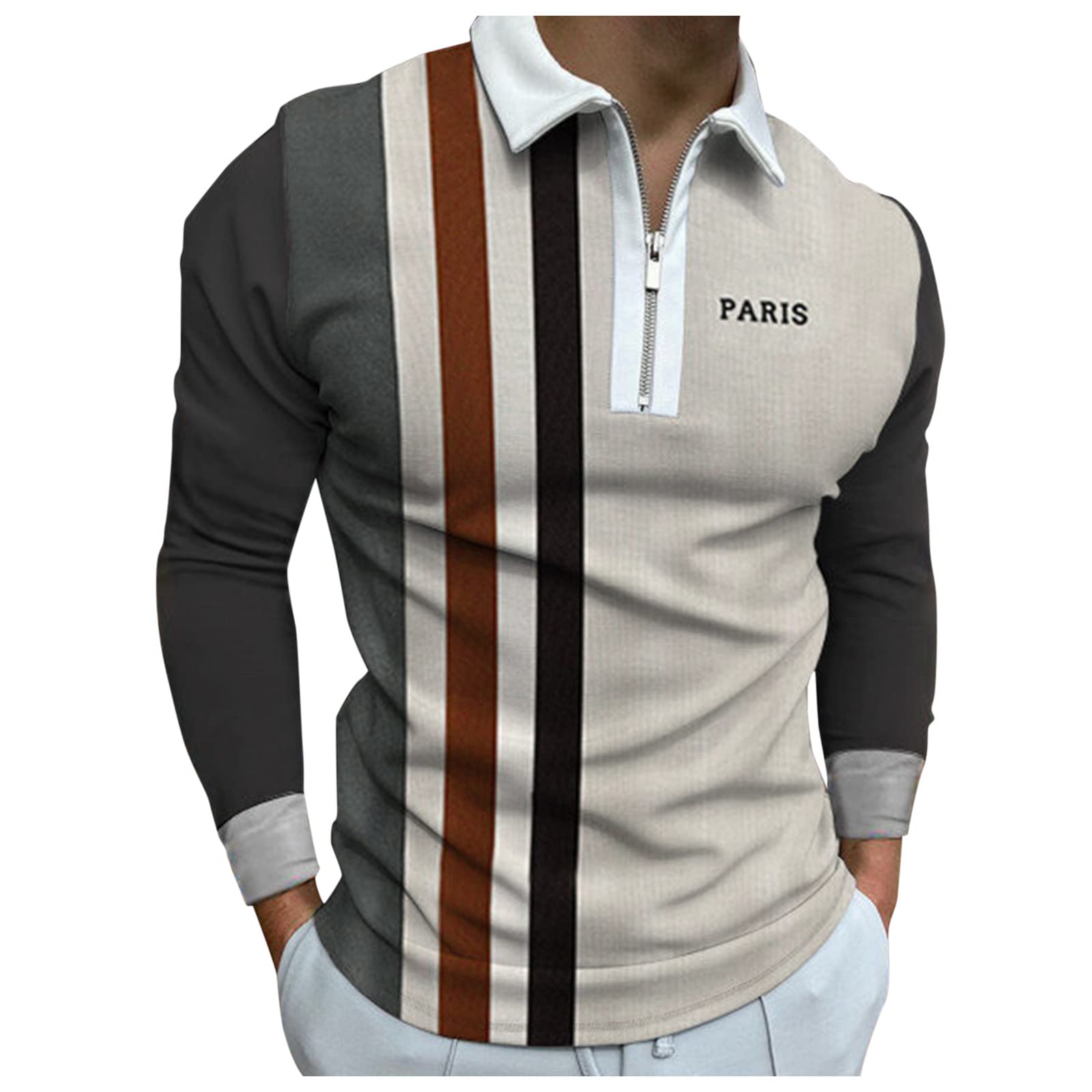 ZNNE ZDFER Zipper Polo Shirts for Mens, Fall Summer Patchwork Slim Fit Long  Sleeve T Shirt X-Large