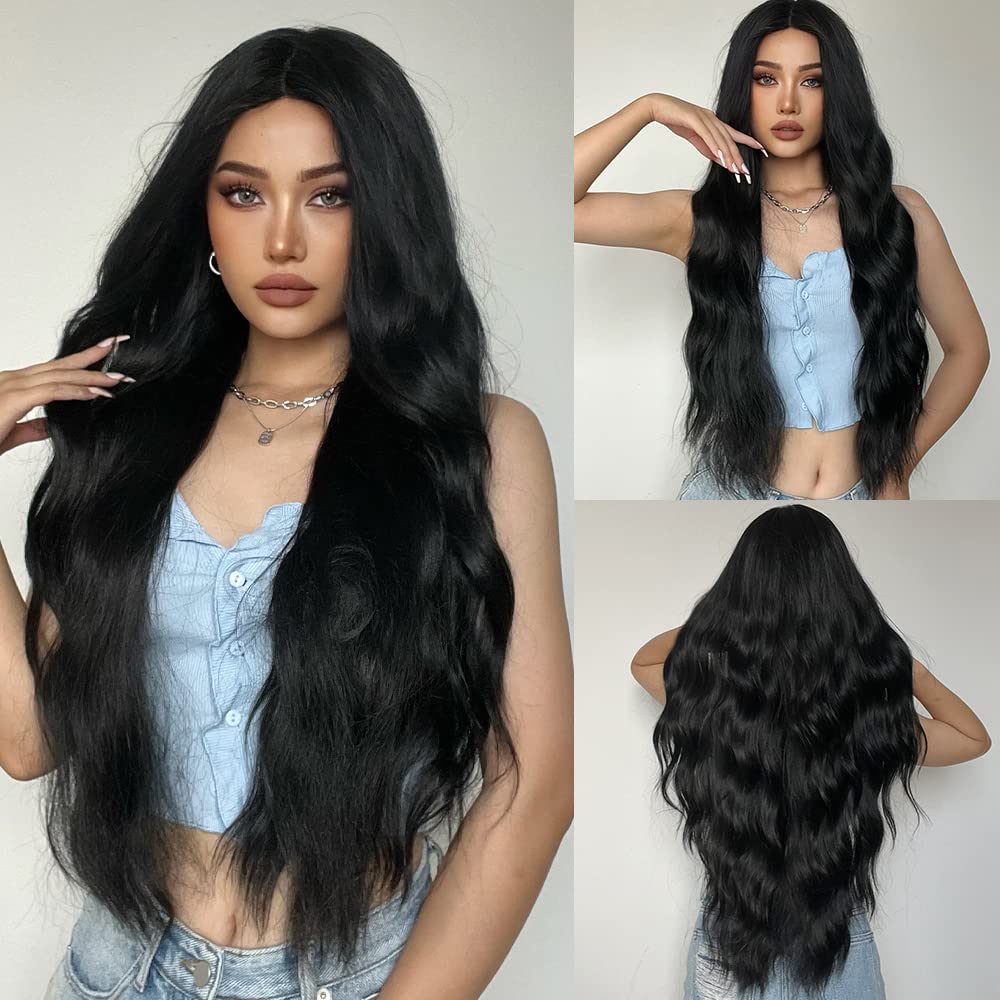 28inch Long Black Wig for Women Natural Looking Synthetic Long