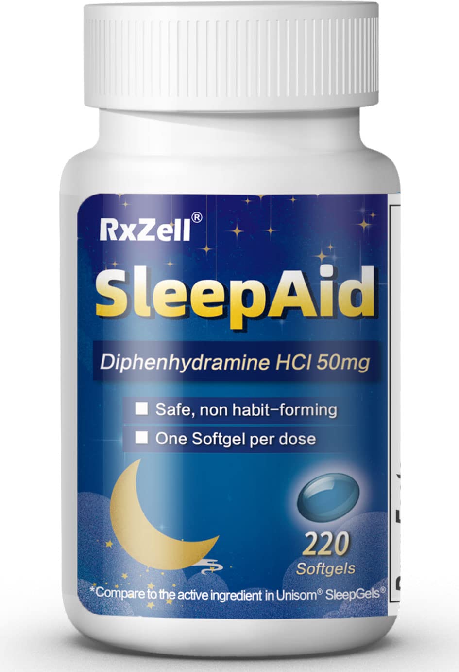 RxZell Sleep Aid, Diphenhydramine HCl 50mg, 220 Softgels Fall Asleep