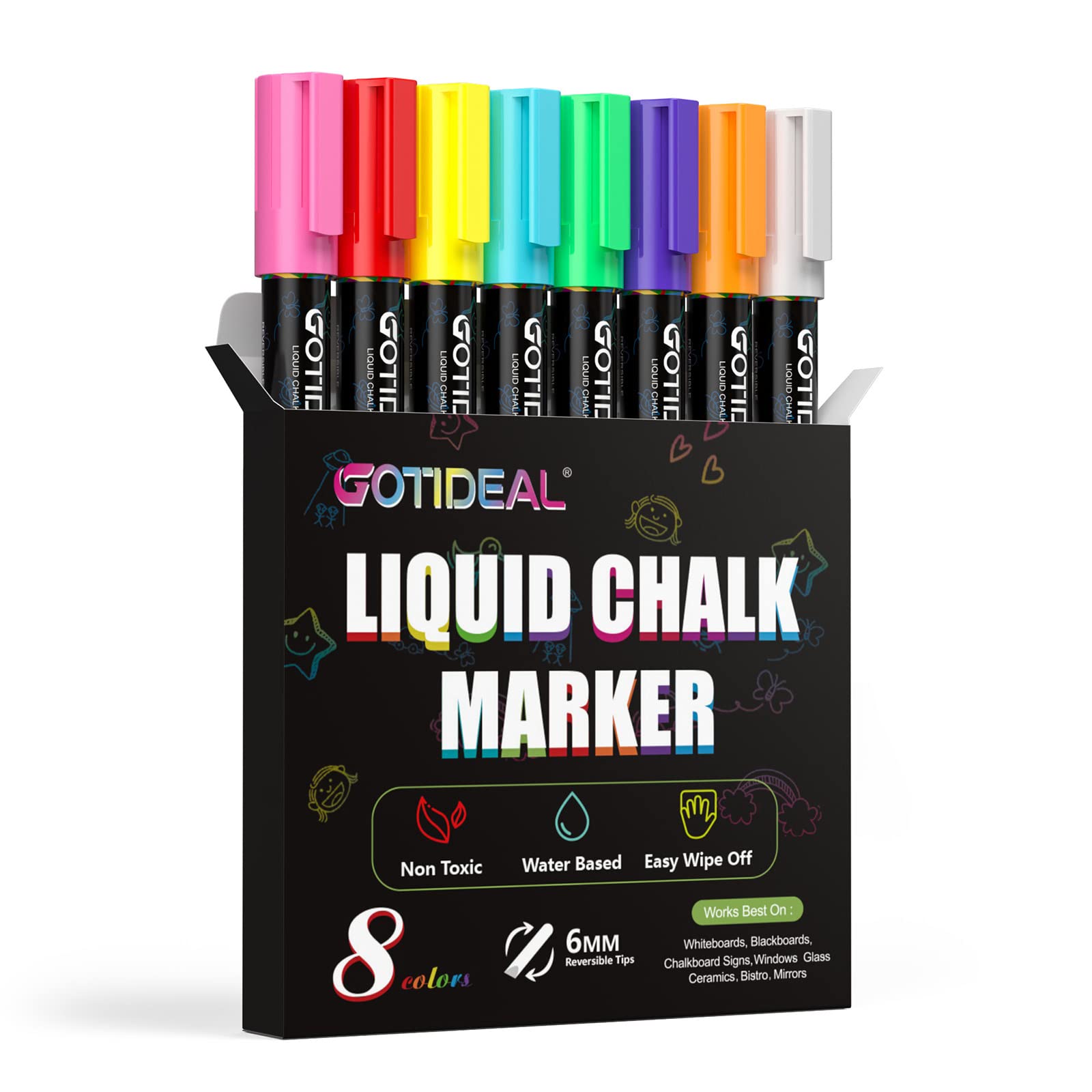 GOTIDEAL Liquid Chalk Markers Bold Tip 8 Colors Washable Window Chalkboard  Glass Pens Paint and Drawing for Car Blackboard & Bistro Kids and Adults  Non-Toxic Wet Erase - Reversible Tip 6mm-8 Colors