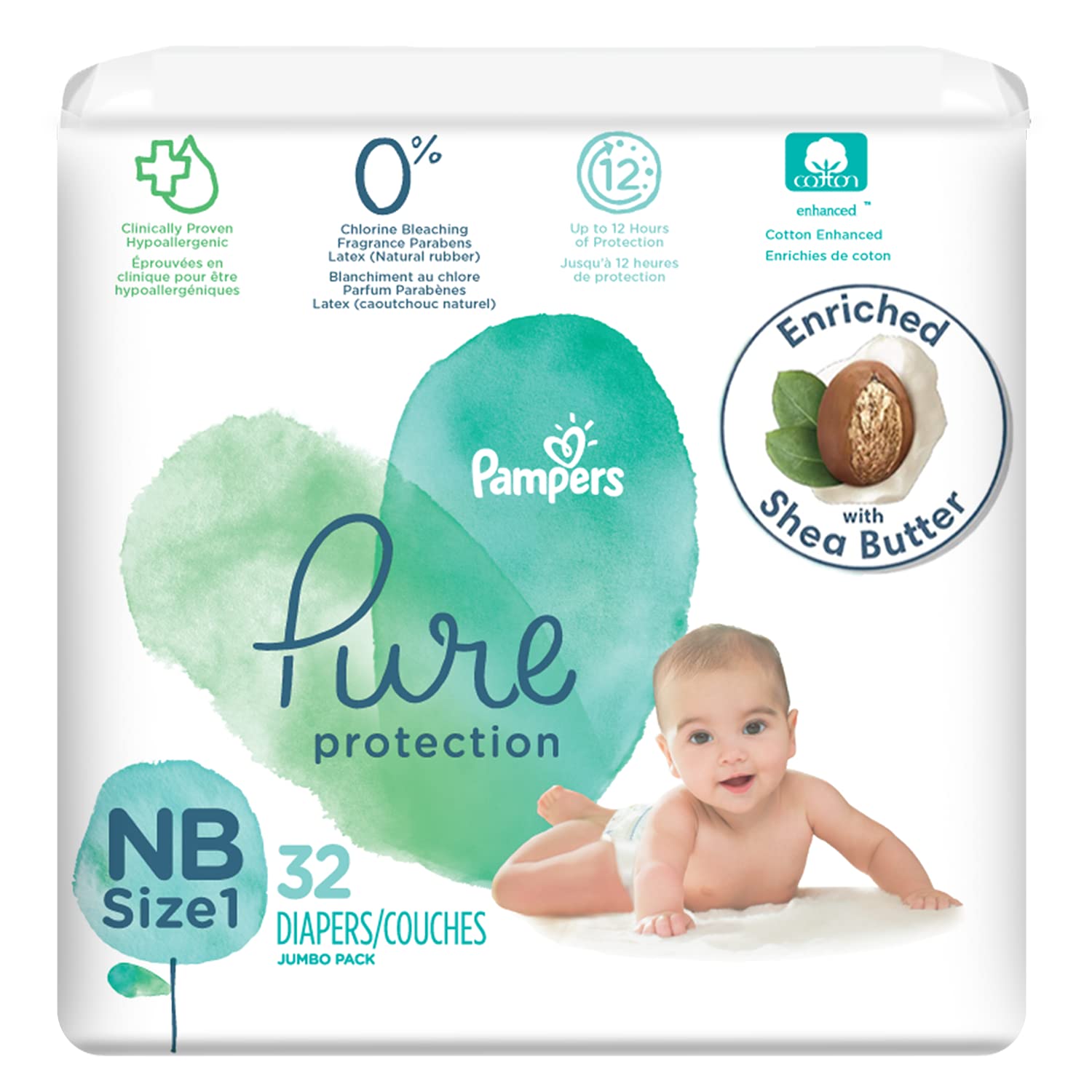 Diapers Newborn/Size 1 (8-14 lb), 32 Count - Pampers Pure Protection  Disposable Baby Diapers, Hypoallergenic and Unscented Protection, Jumbo  Pack (Packaging & Prints May Vary) Size 1 (32 Count)