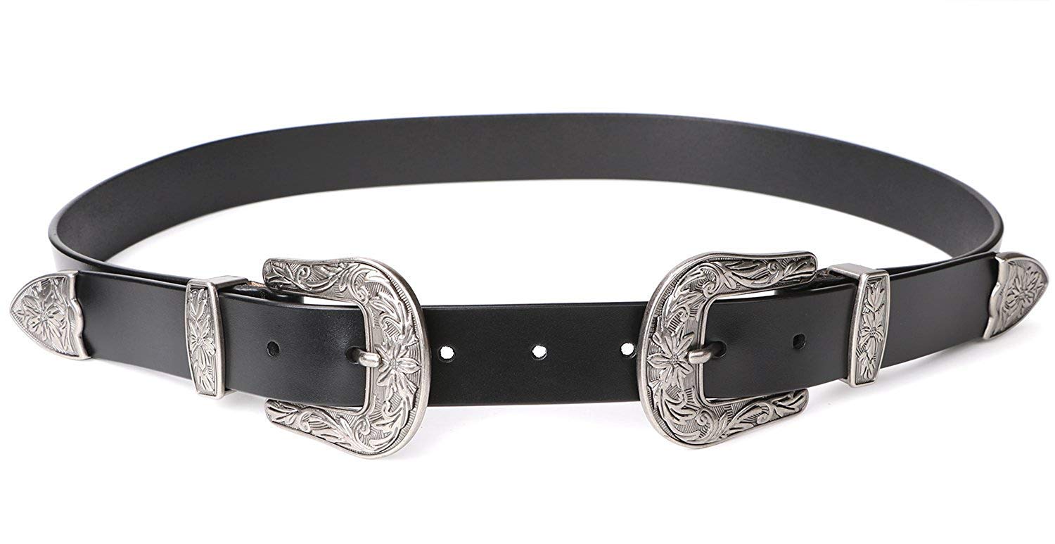Jasgood Women Leather Belts Ladies Vintage Western Design Black Waist Belt  For Pants Jeans Dresses