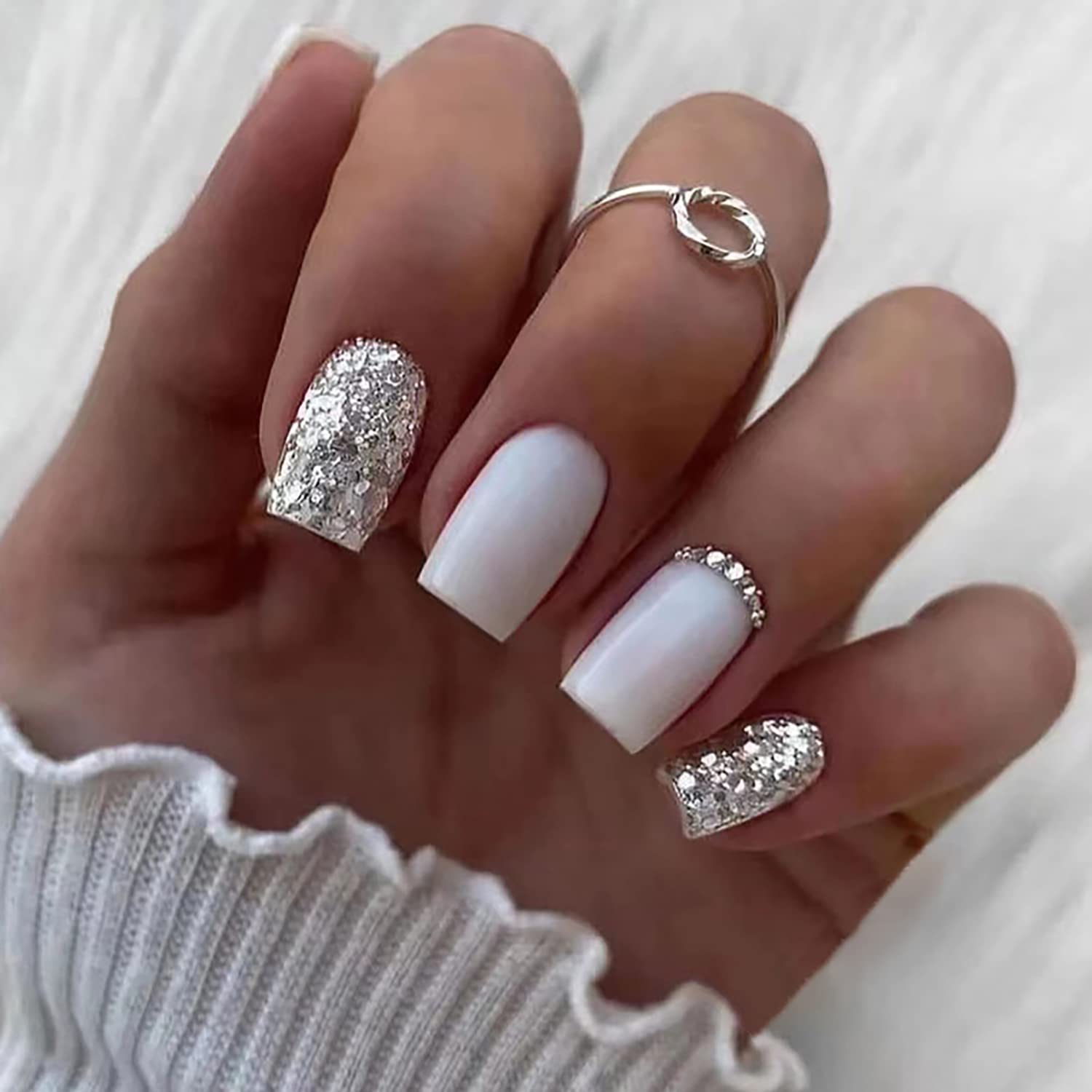 Amazon.com: White Press on Nails Long Square Acrylic Nails Butterfly Fake  Nails with Rhinestones and Flower Design Full Cover Stick on Nails Summer  False Nails with Glue for Women Girls 24PCS :