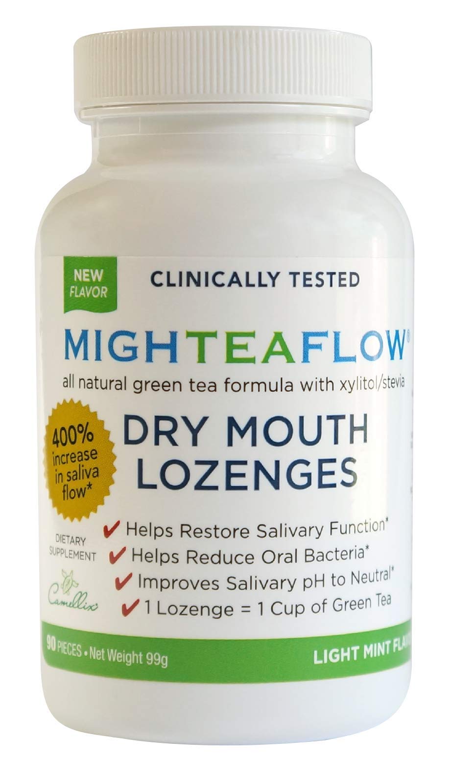 MighTeaFlow Sugar Free Dry Mouth Lozenges with Xylitol/Stevia, Light Mint, Clinically Tested by