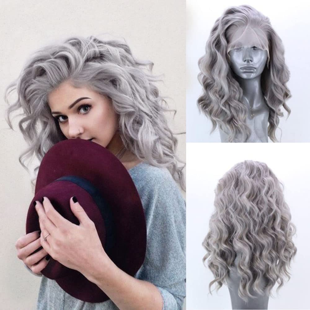 RONGDUOYI RDY Light Blue Long Wave Lace Front Wig Middle Part Silk Body  Wavy Sky Blue Hair Synthetic Wigs for Women Girls Use Heat Glueless Cosplay