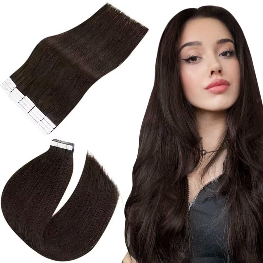 Easyouth Curly Hair Extensions Tape in Human Hair Brown Tape on Hair  Extensions Natural Curly Tape in Hair Extensions Human Hair Darkest Brown  14Inch