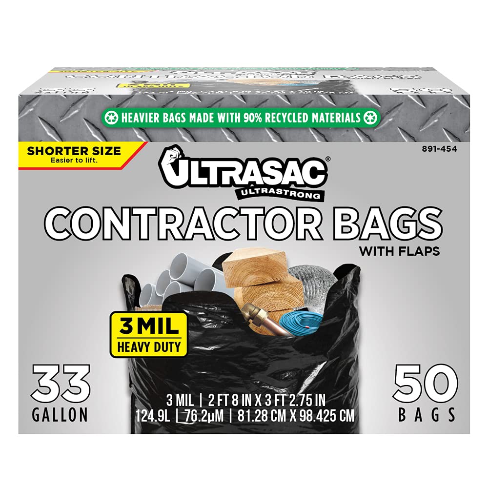 Ultrasac - 891454 UltraSac Contractor Trash Bags - (50 Pack/w Ties) - Heavy  Duty 3 MIL Thick, 39' x 32', Shorter 33 Gallon Black Version - for  Industrial, Commercial, Professional, Construction, Lawn, Leaf, and More