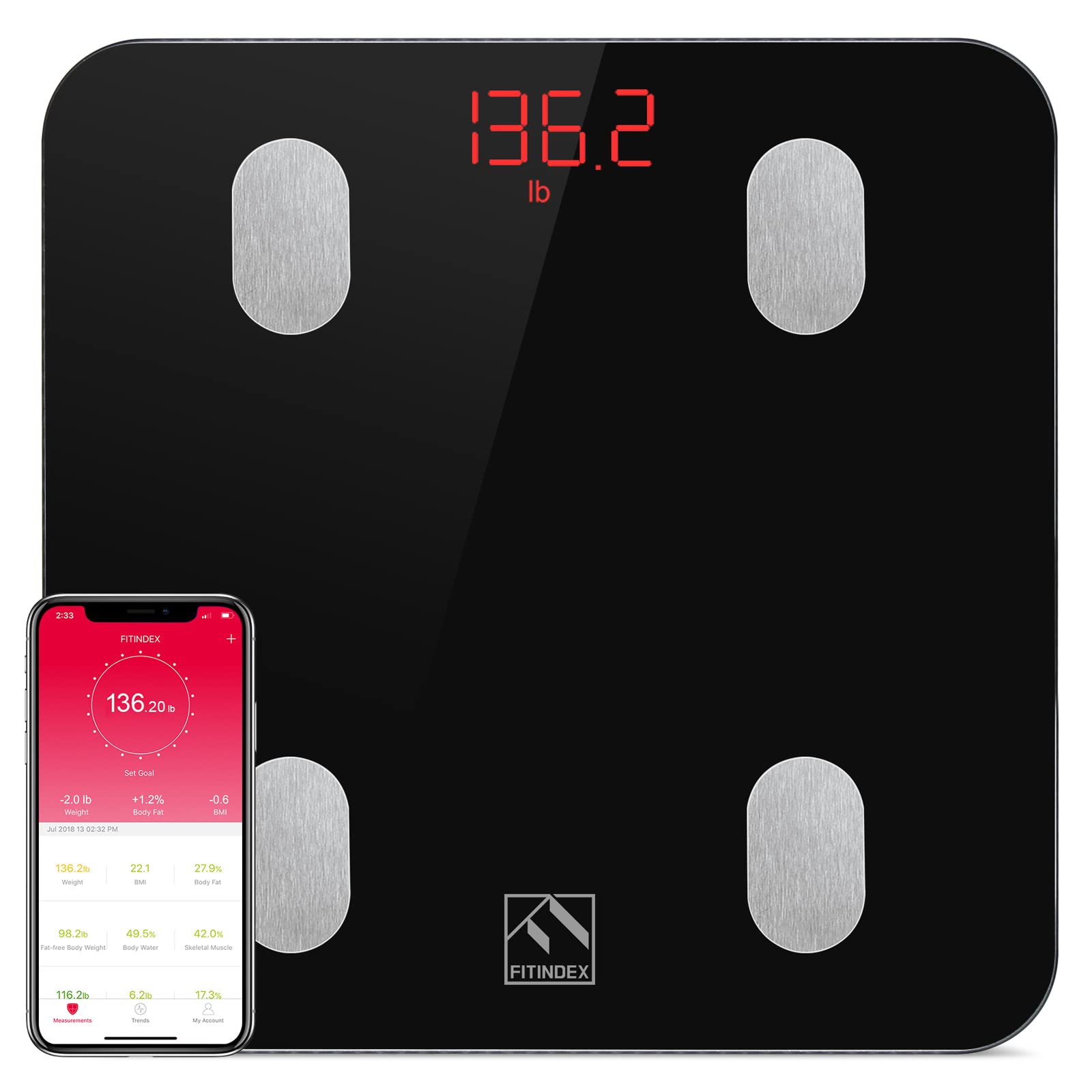 FITINDEX Smart Bluetooth Body Fat Scale with Upgraded App, High Precision Bathroom  Scales Digital Weight and Body Fat Body Composition Monitor, 396lb/180kg,  Black