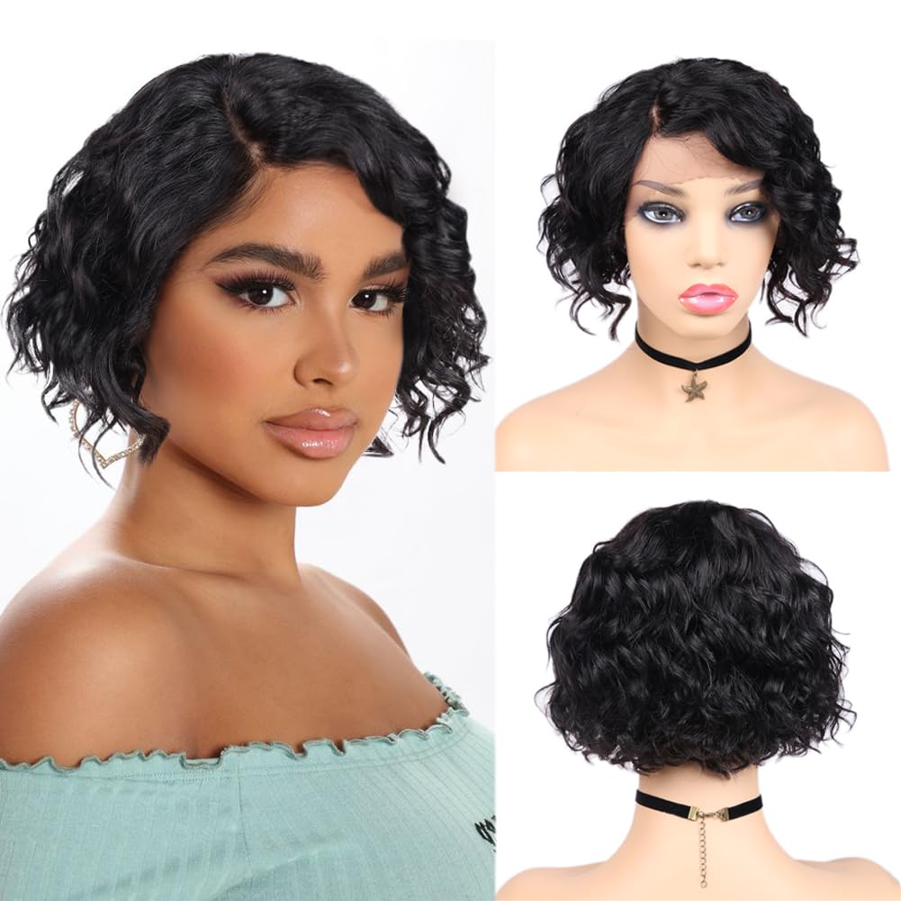 WIGER Short Lace Front Wigs Human Hair for Women Short Curly Bob Wig Black  Wavy Lace Wig Black Pixie Cut Wig Brazilian Virgin Human Hair Curly Wigs  180% Density Side Part 0