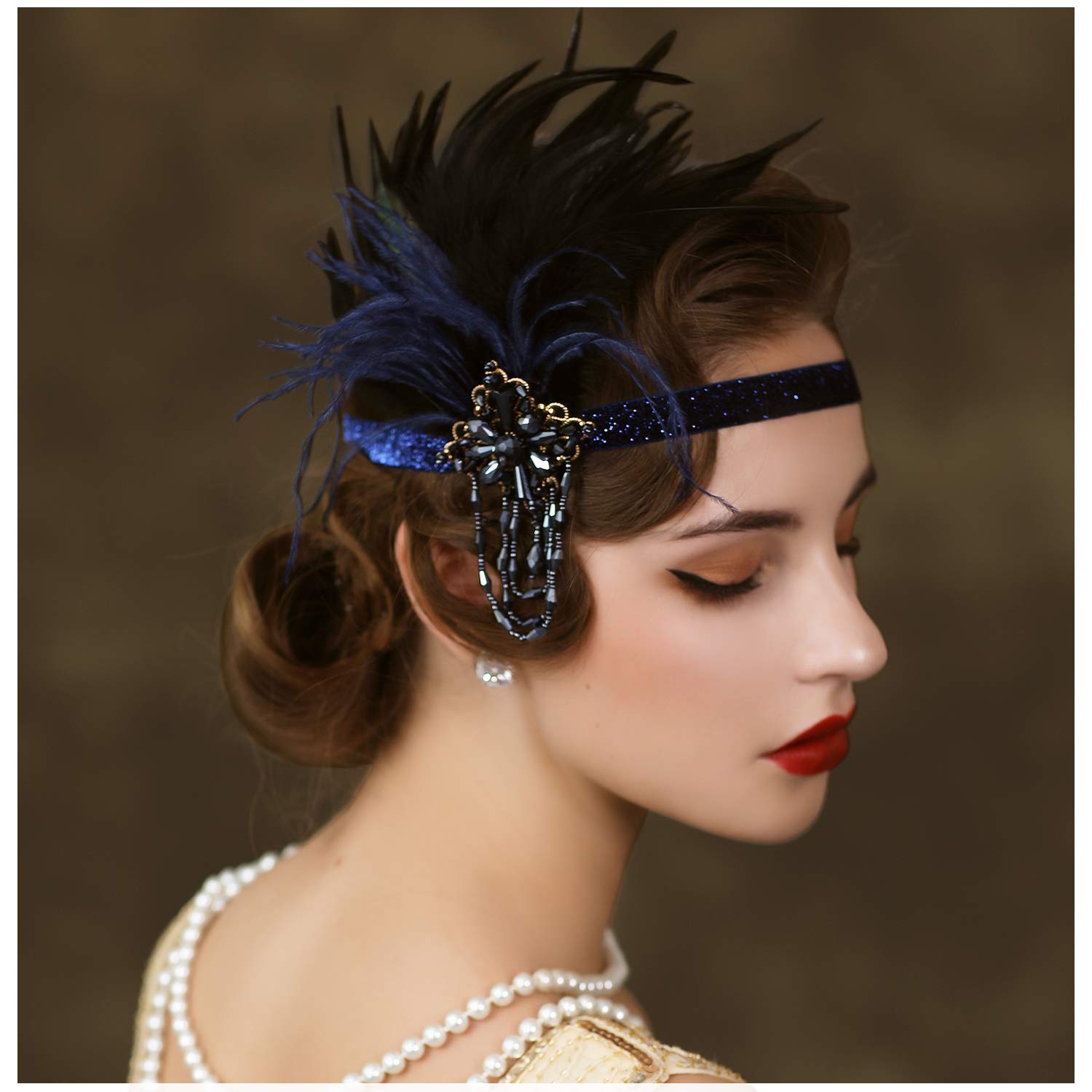 SWEETV Feather Flapper Headpiece Navy Rhinestone Feather 1920s