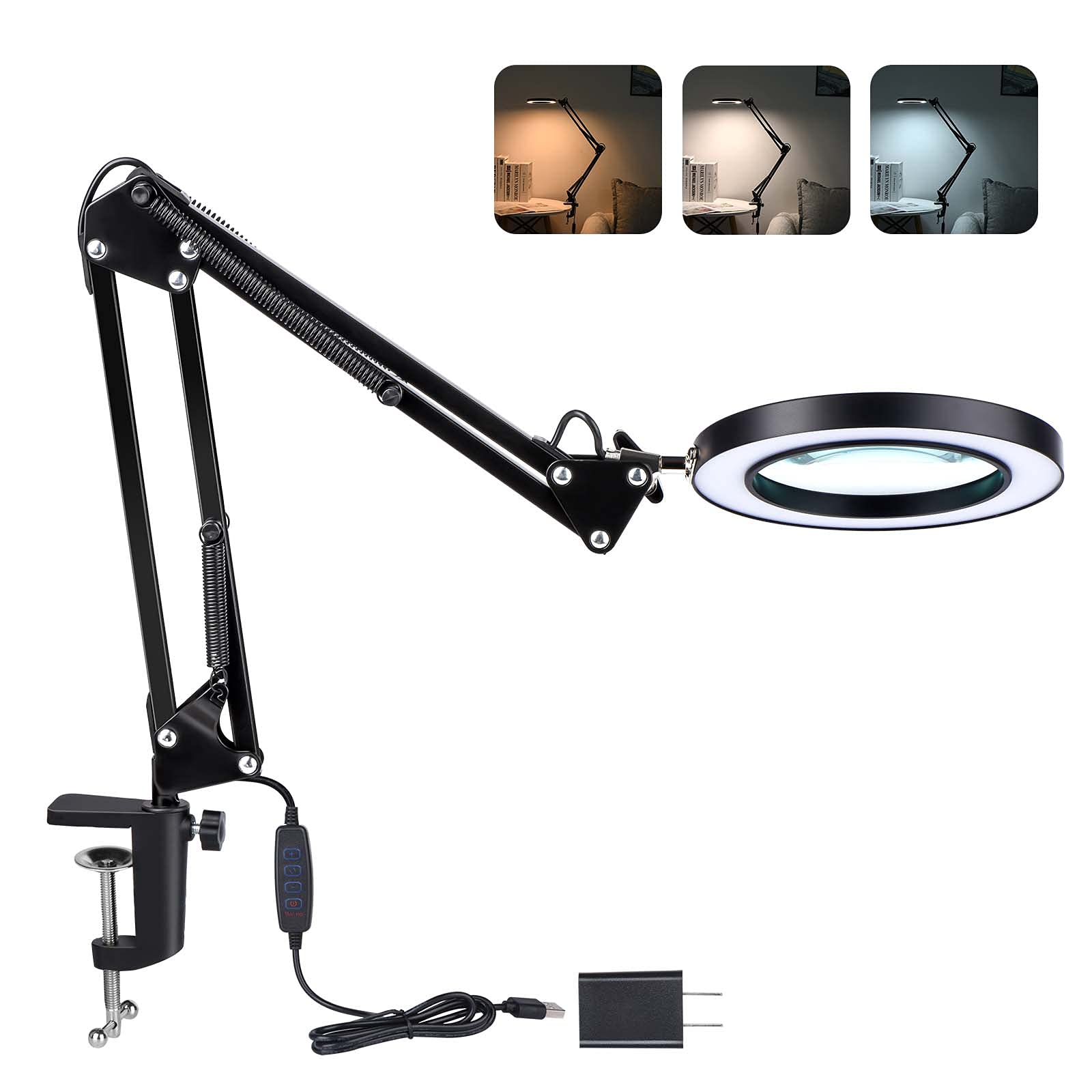 5X Magnifying Light Lamp 3 Color Modes Stepless Dimmable 8-Diopter Glass  Lens