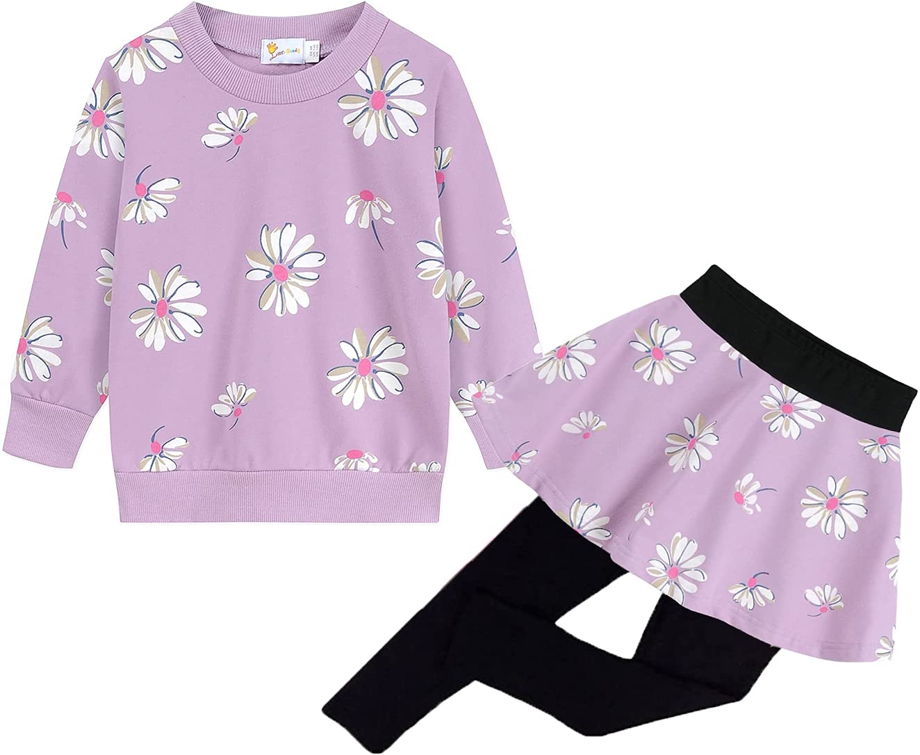 Little Girls Clothing Set Floral Print Outfit Long Sleeve Heart Print  Sweatshirt Tops and Leggings Skirt