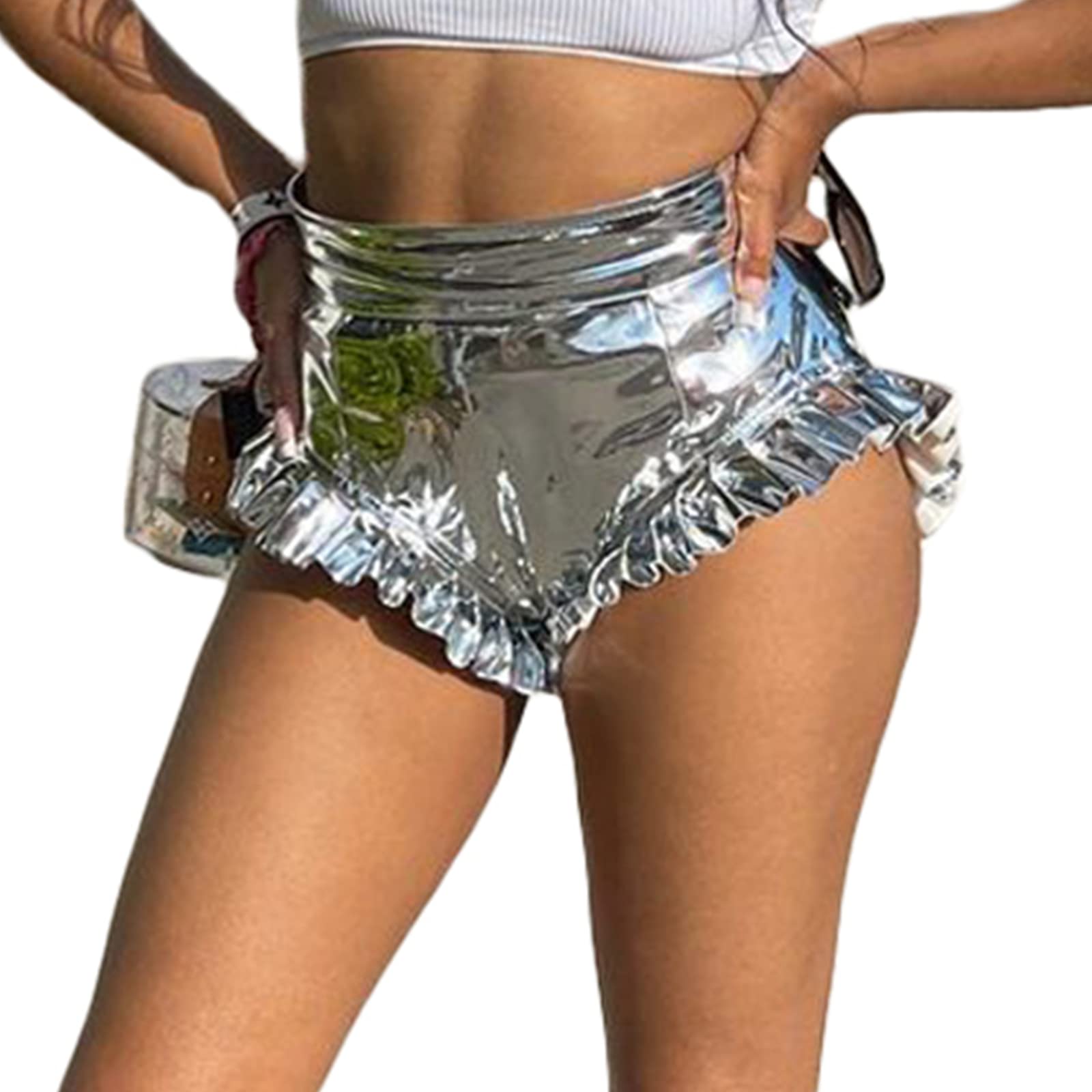Womens Ruffle Shiny Rave Dance Booty Shorts High Waist Metallic Mini Hot  Pants Stage Pole Dance Yoga Bikini Bottoms Large Silver