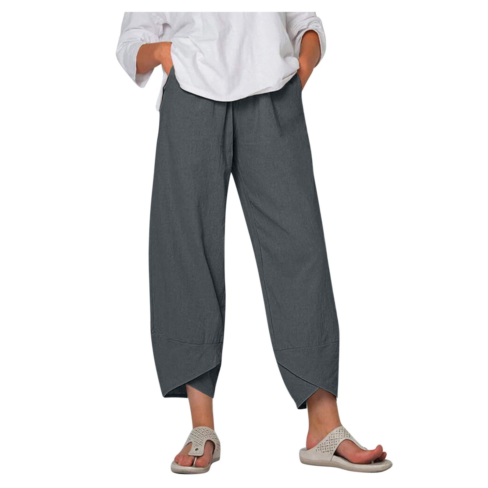 Summer Women's Pants Cotton Linen Large Size Casual Loose Ankle-length  Capri Pants Drawstring Harem Pants Women…