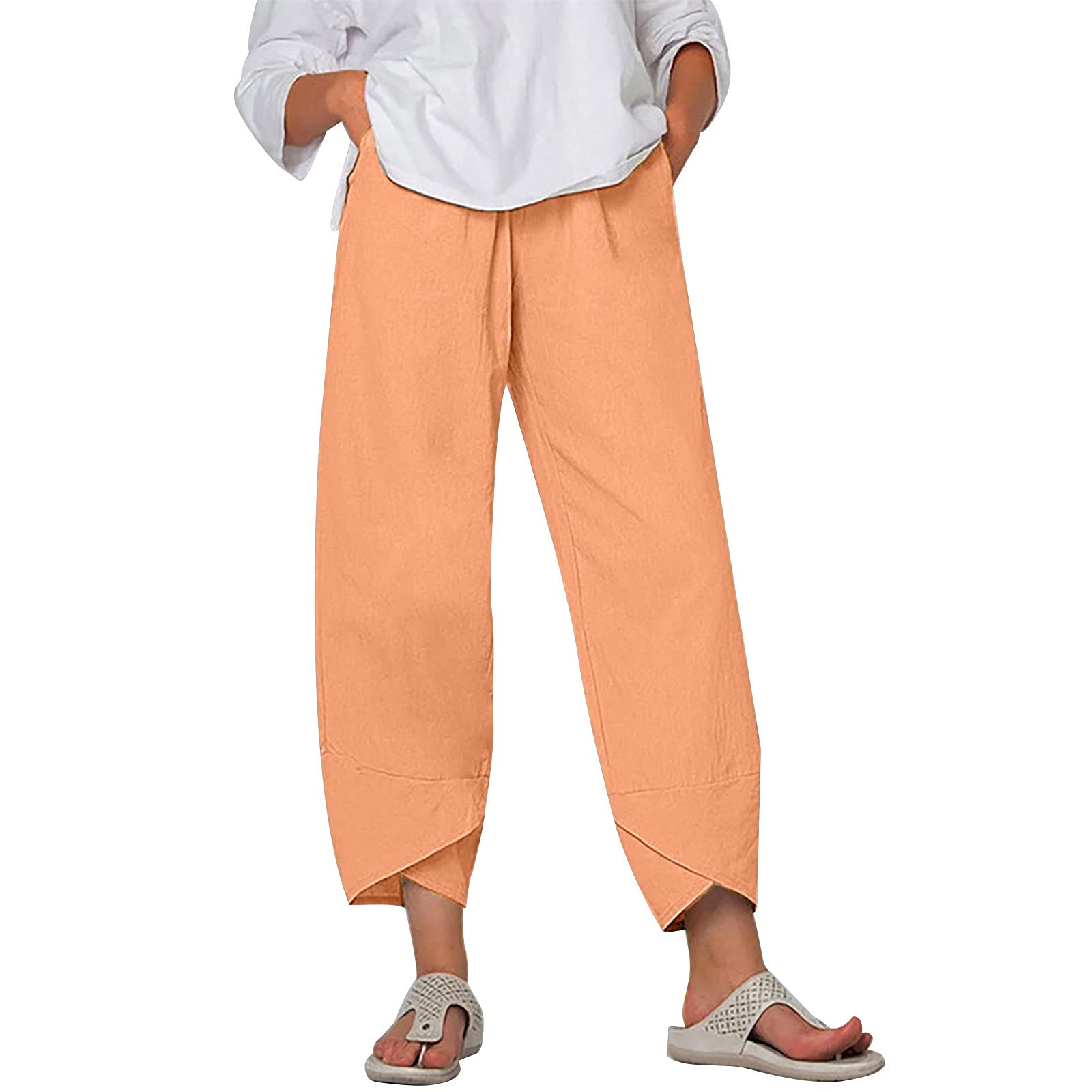 Xibodsi Linen Pants for Women, Womens Casual Pants Elastic Waist Cotton  Linen Tapered Capri Pants Wide Leg Cropped Trousers 00-orange Large