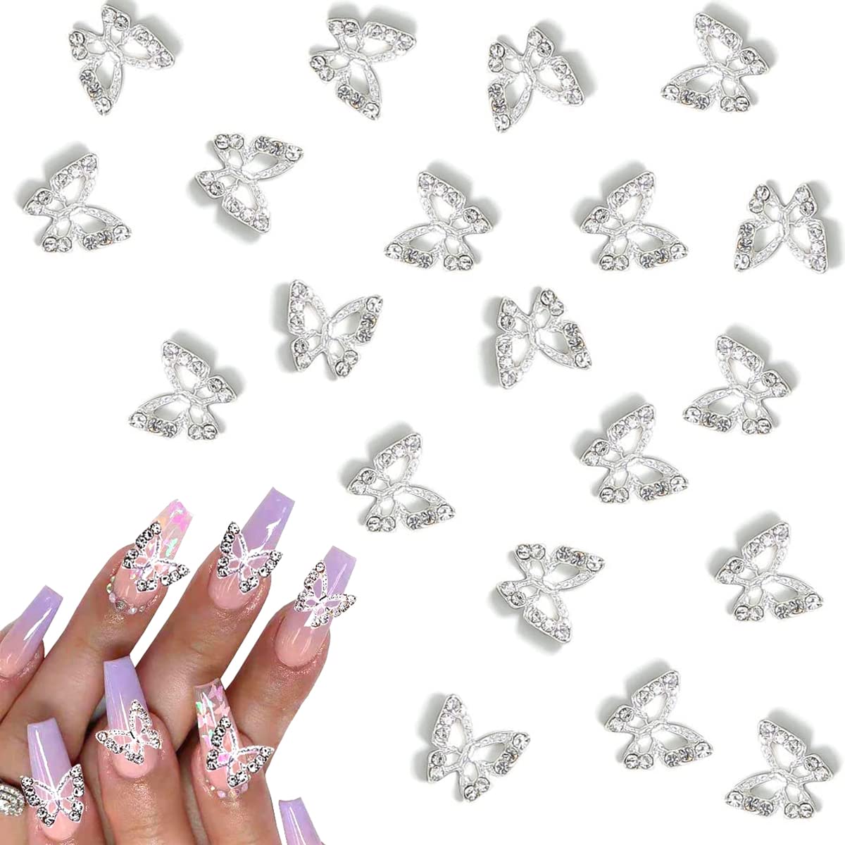 90 PCS 3D Butterfly Nail Rhinestones Charms Sliver Metal Acrylic Nail Art  Alloy Shiny Crystals Gems Diamonds Nail DIY Jewels Accessories Design  Supplies Decoration Set Sliver Butterfly