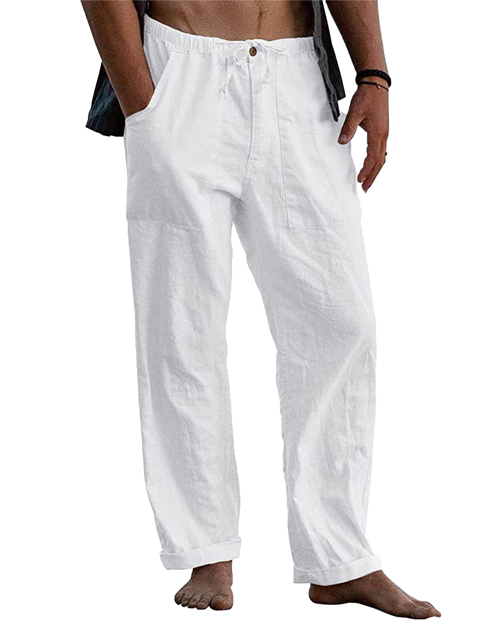  PASLTER Men's Cotton Linen Pants Casual Elastic Waist