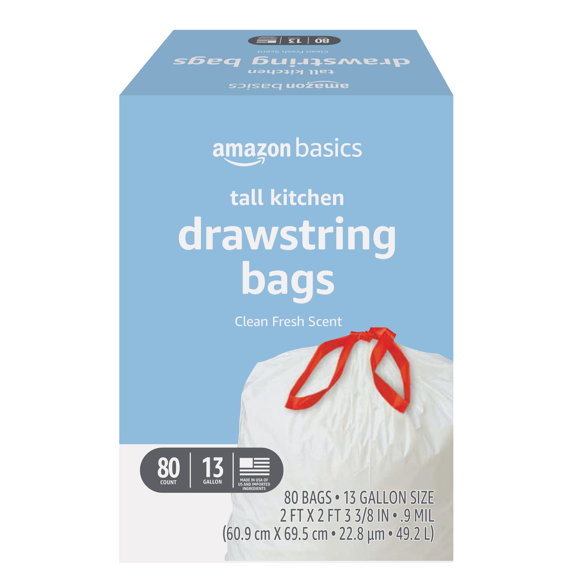 Basics Tall Kitchen Drawstring Trash Bags, 13 Gallon
