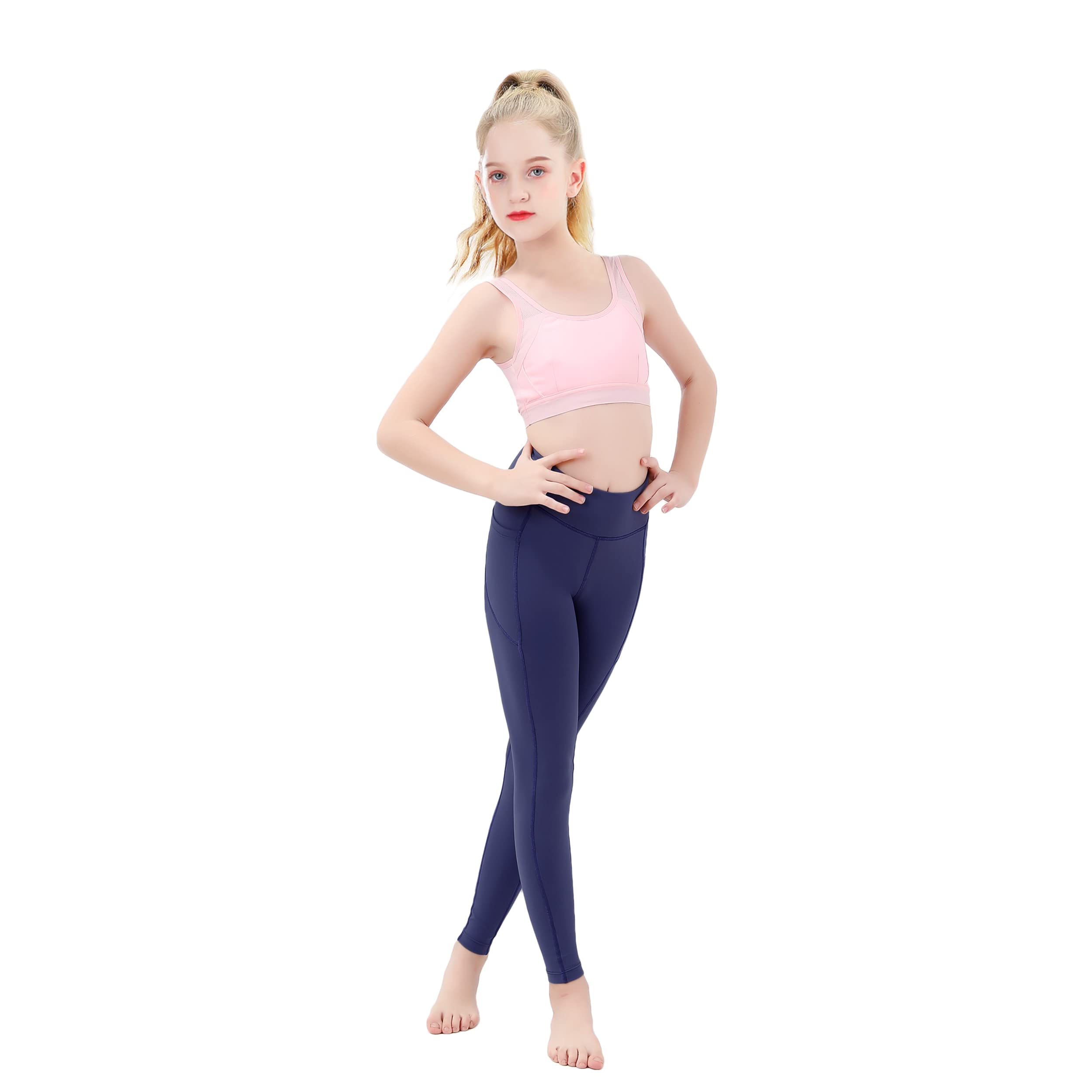 JIM LEAGUE Girls Athletic Dance Leggings - Kids Yoga Compression Pants Teen  Running Workout Sport Tights Leggins with Pockets Navy Medium