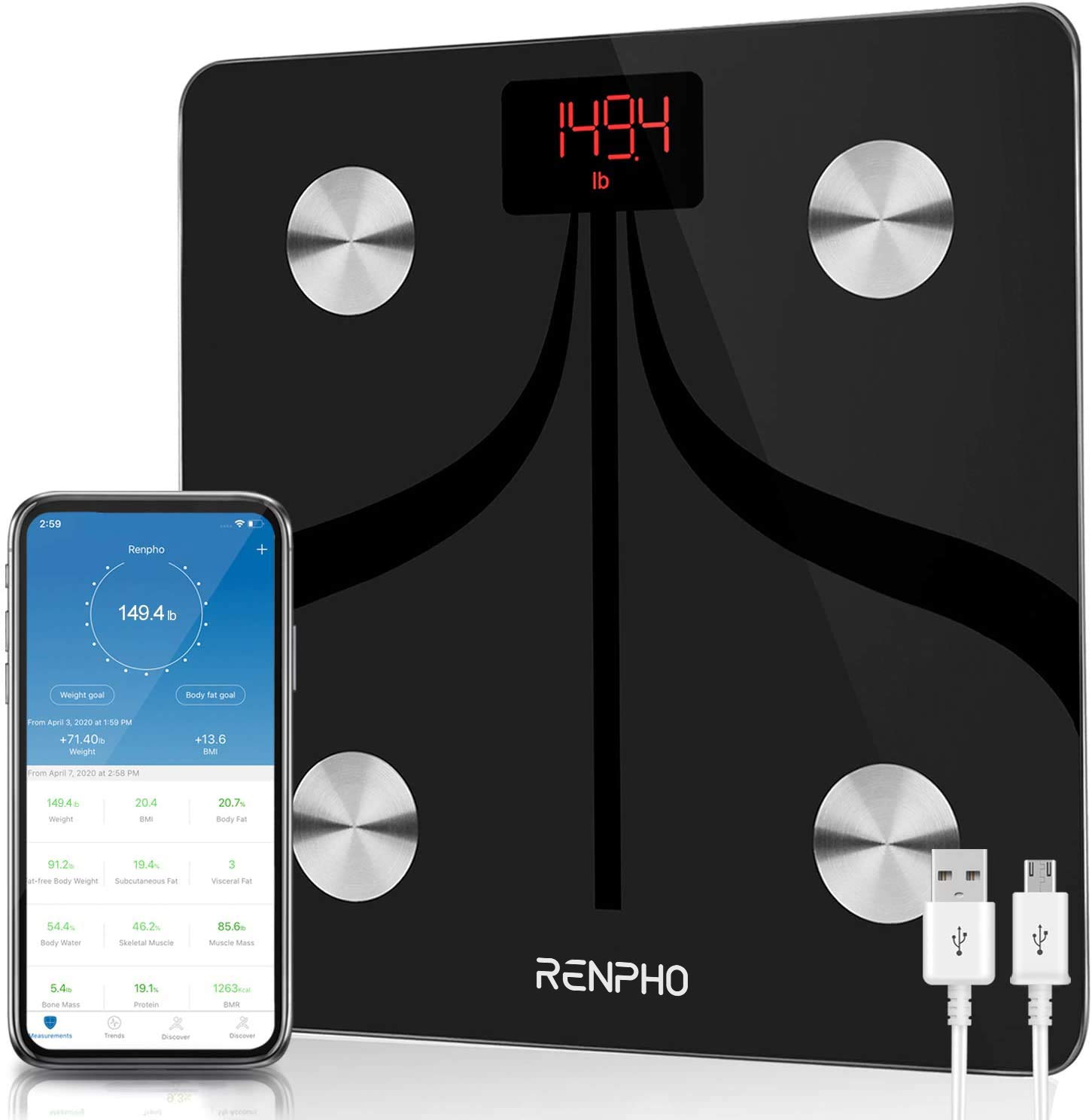 RENPHO Body Fat Scale Weight Bathroom Smart Digital Bluetooth Scale USB  Rechargeable with Smartphone App , Body Composition Monitor for Body Fat,  BMI, Bone Mass, Weight, 396 lbs Black 11 inches