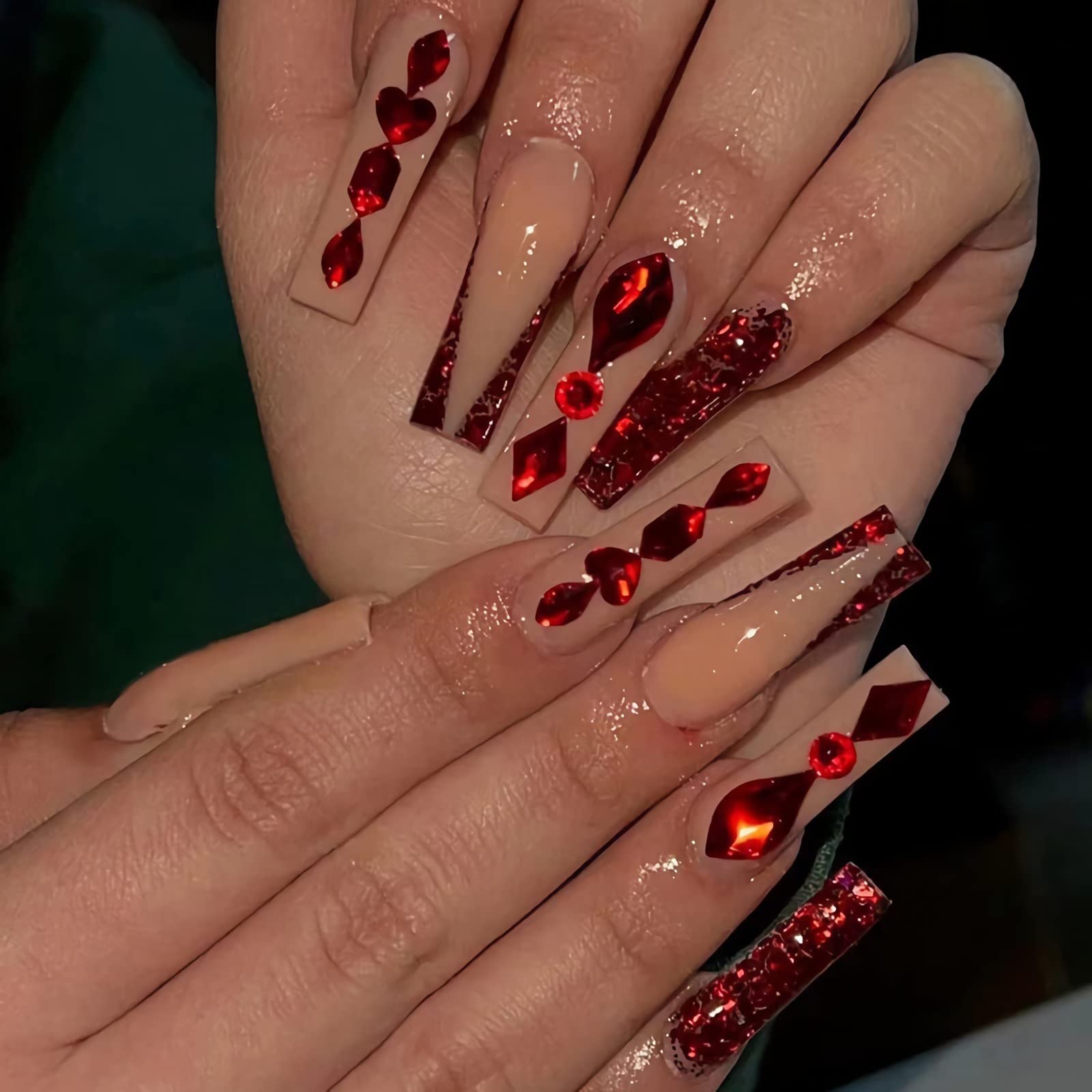 Long Press on Nails Square Acrylic Nails Black Fake Nails with Red Nail Gem  Designs False Nails Extra Long Coffin Glue on Nails Artificial Stick on