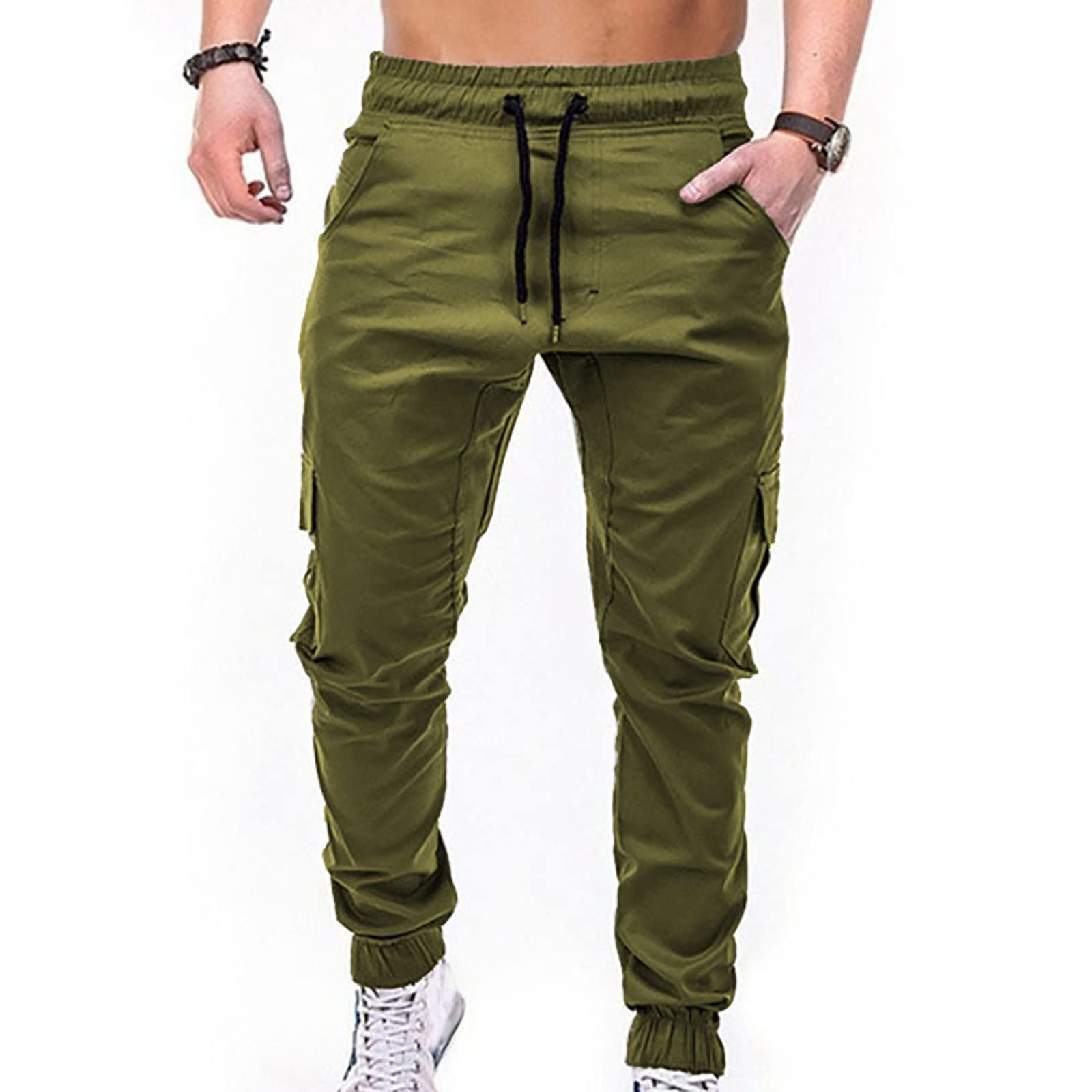 Mens Cargo Pants Drawstring Men Fashion Color Overalls Casual